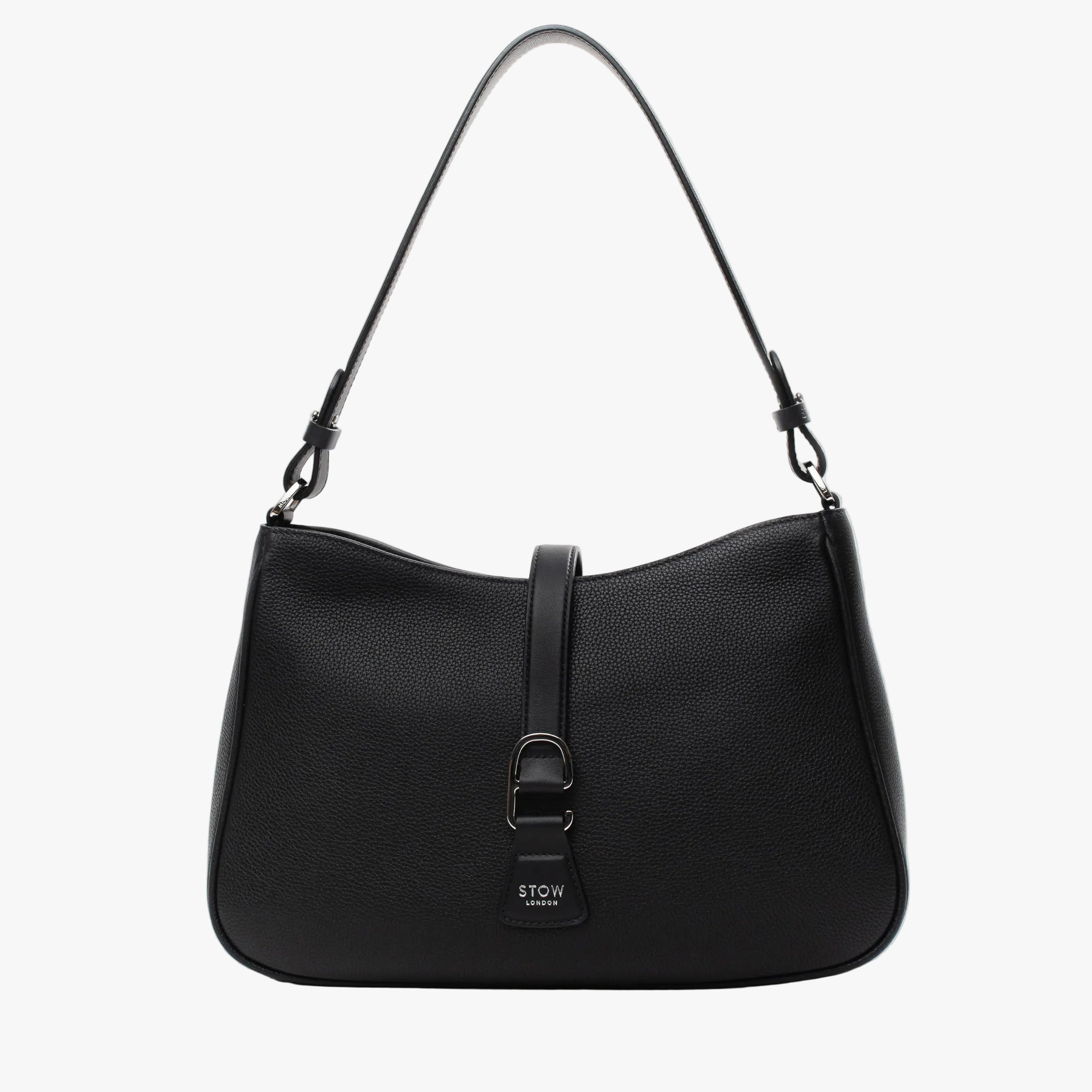 STOW London's Beth bag in Black pebbled and smooth leather featuring silver stainless steel hardware and clip on a white background