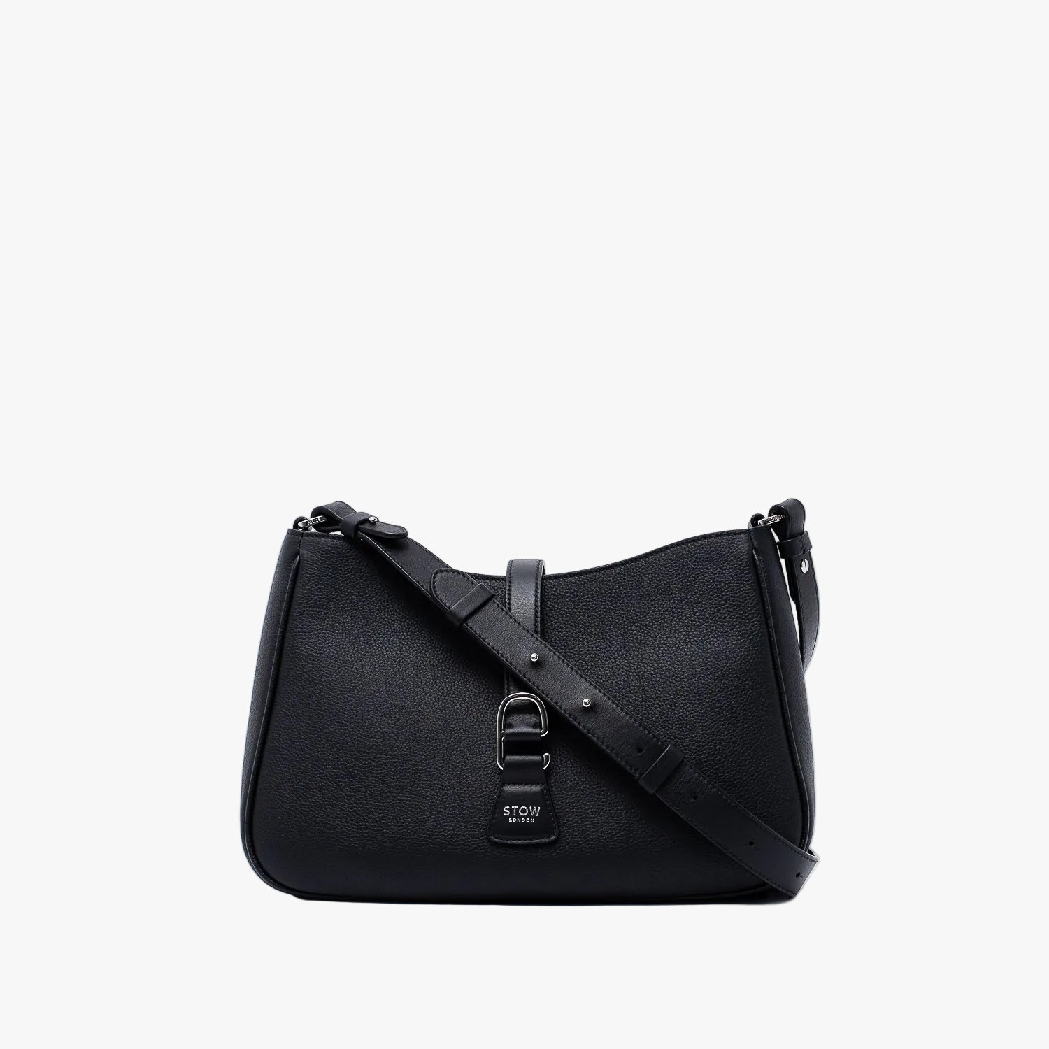 STOW London's Beth bag and detachable crossbody strap in Black leather featuring silver stainless steel hardware on a white background