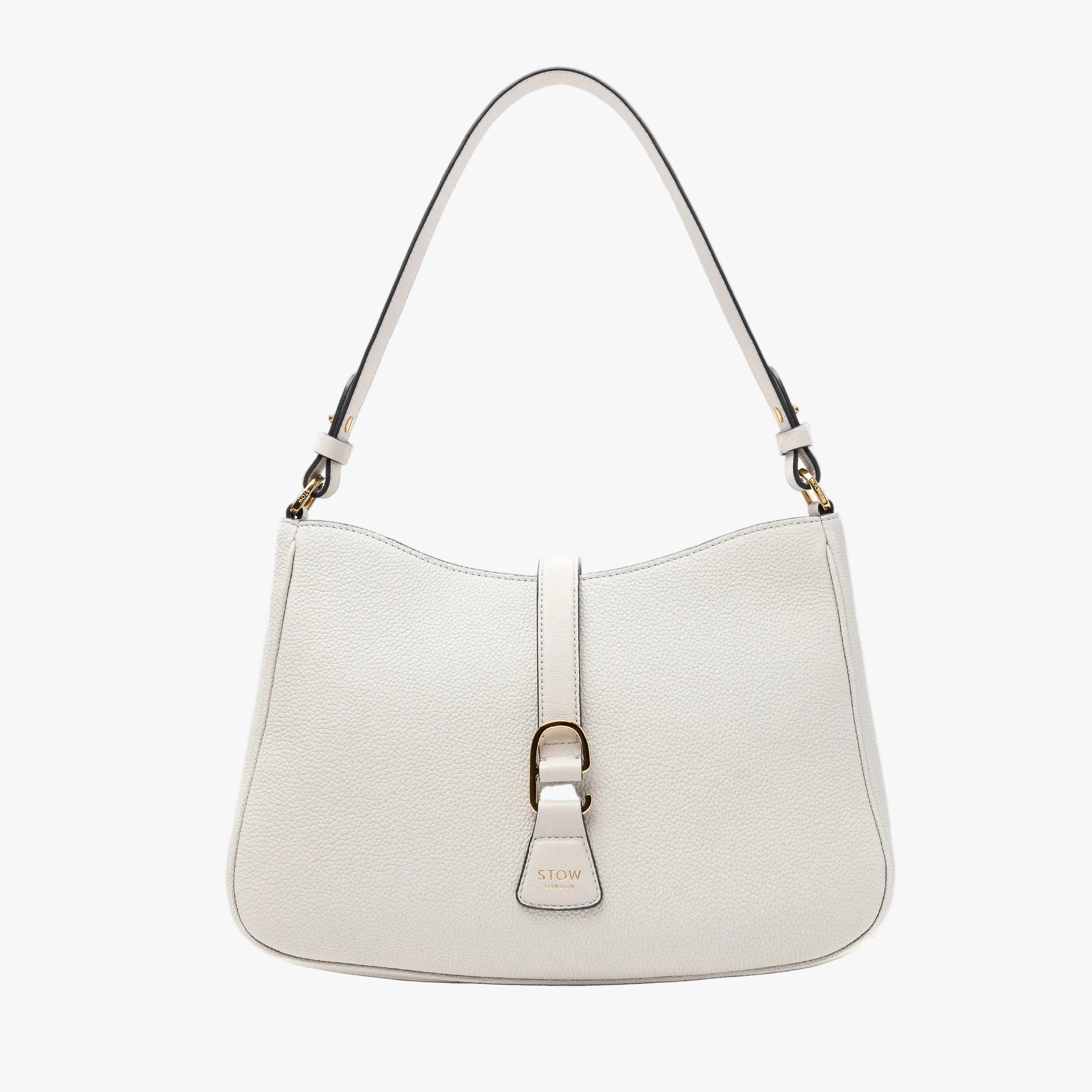 STOW London's Beth bag in Cloud Grey pebbled and smooth leather featuring gold-coated stainless steel hardware and clip on a white background