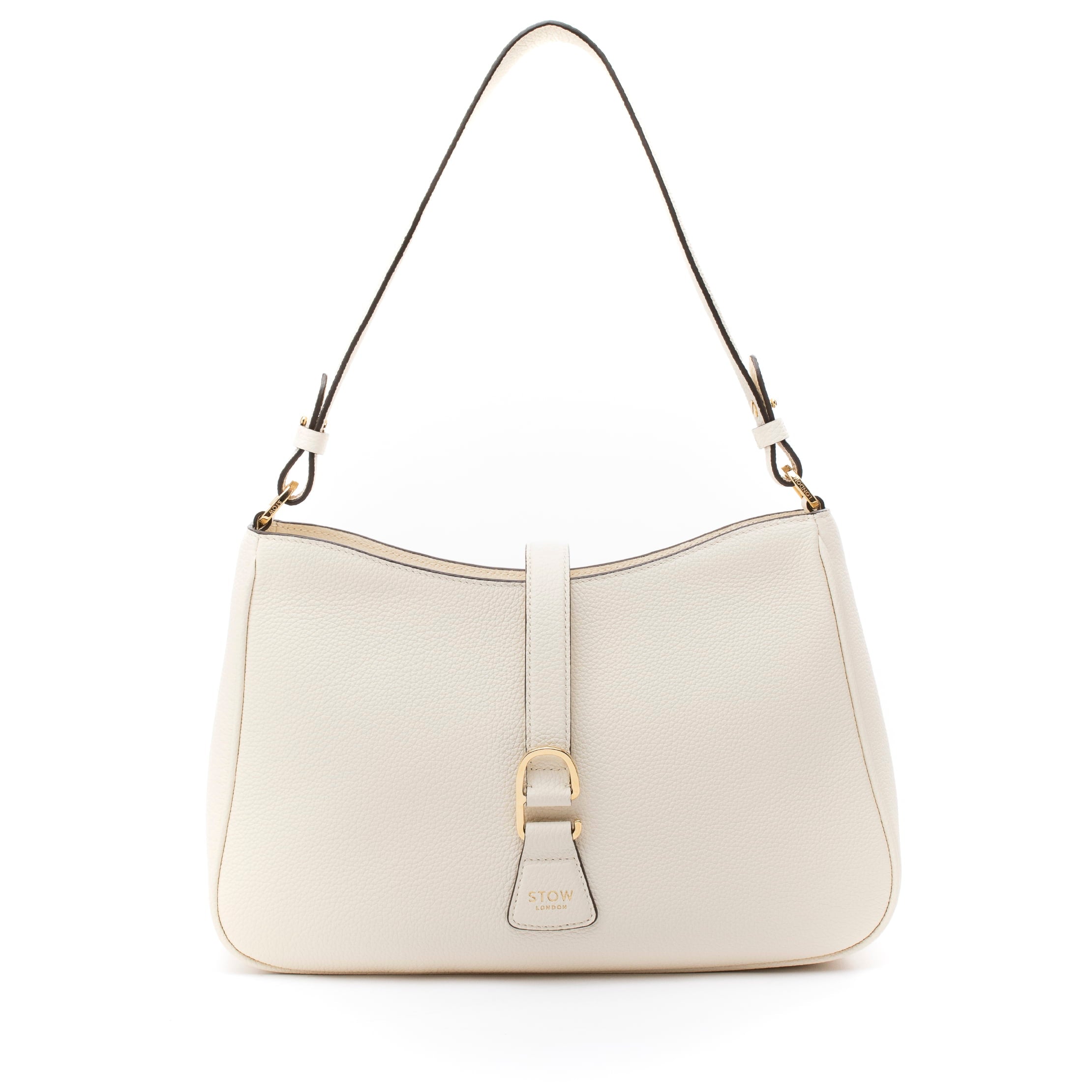 STOW London's Beth bag in Spring Moon pebbled and smooth leather featuring gold-coated stainless steel hardware and clip on a white background
