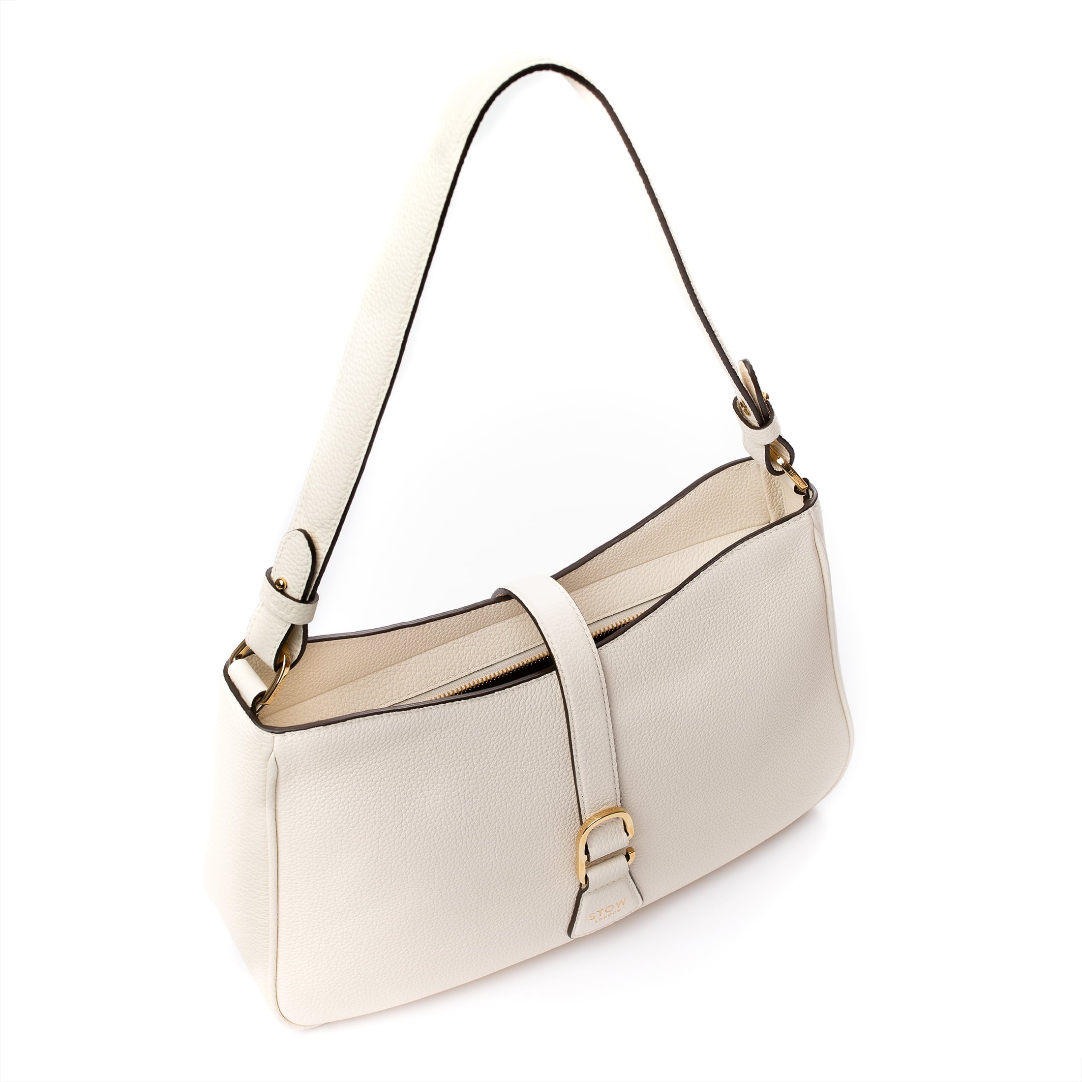 Top angled view of STOW London's Beth bag in Spring Moon pebbled and smooth leather featuring gold-coated stainless steel hardware and clip on a white background