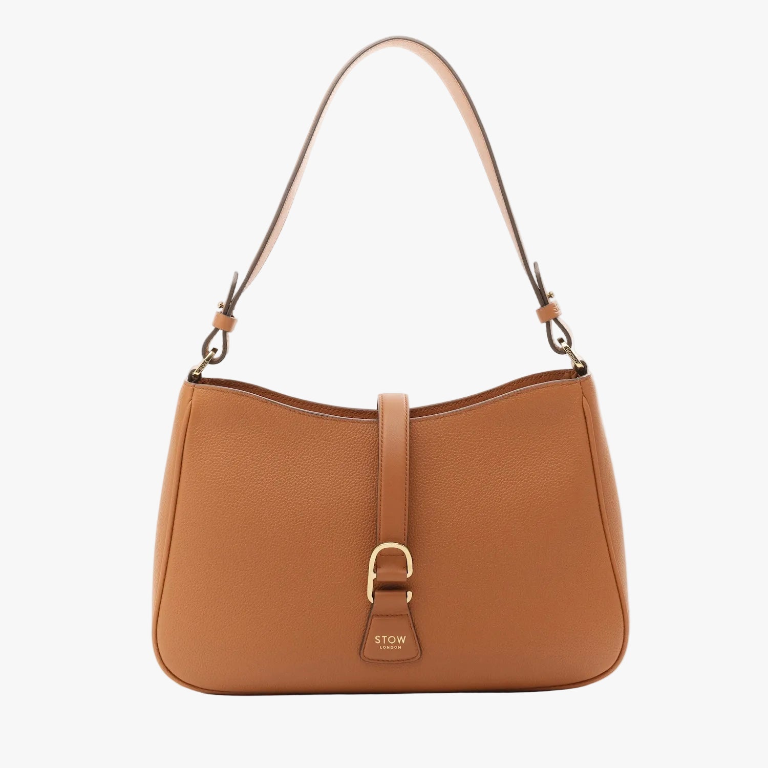 STOW London's Beth Shoulder bag in Earth Tan pebbled leather featuring gold-coated stainless steel hardware and clip on a light grey background