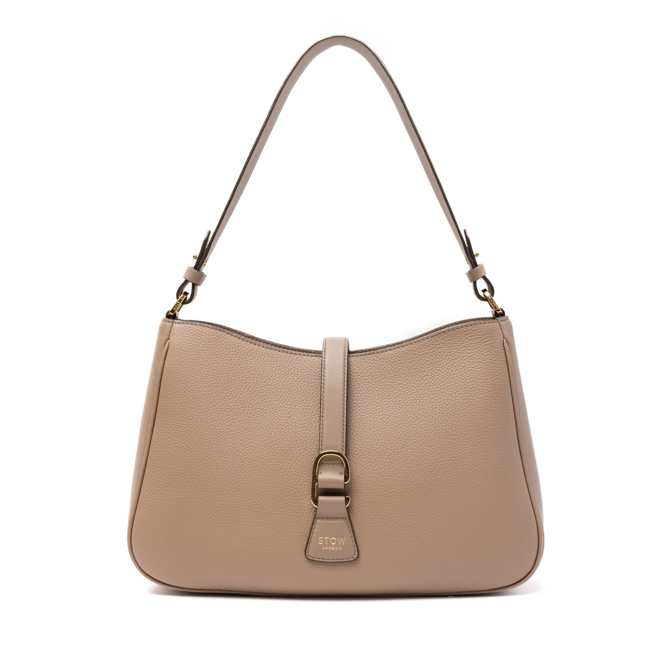 STOW London's Beth bag in Warm Taupe pebbled and smooth leather featuring gold-coated stainless steel hardware and clip on a white background