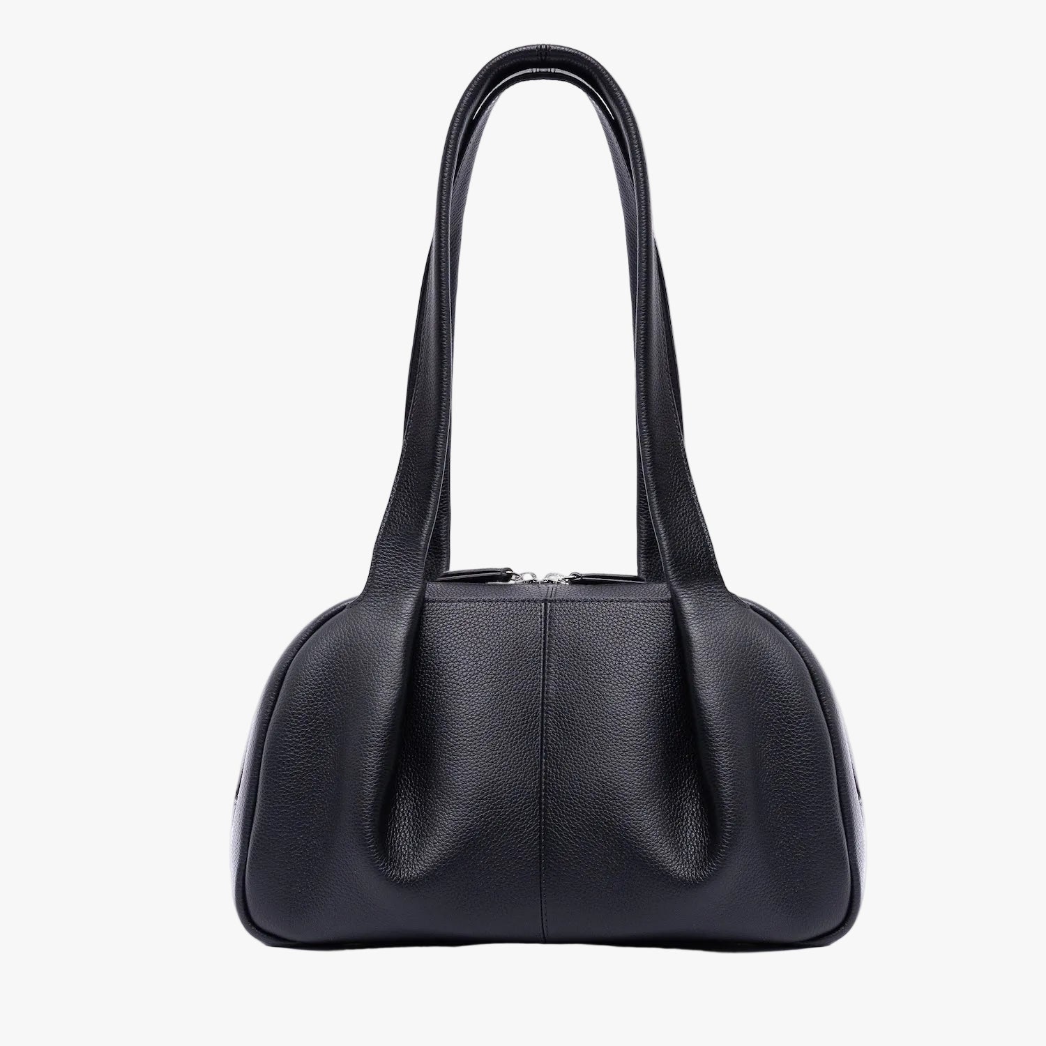 STOW London's Bowling bag in Black pebbled leather featuring the pleated front panel and silver stainless steel hardware on a light grey background
