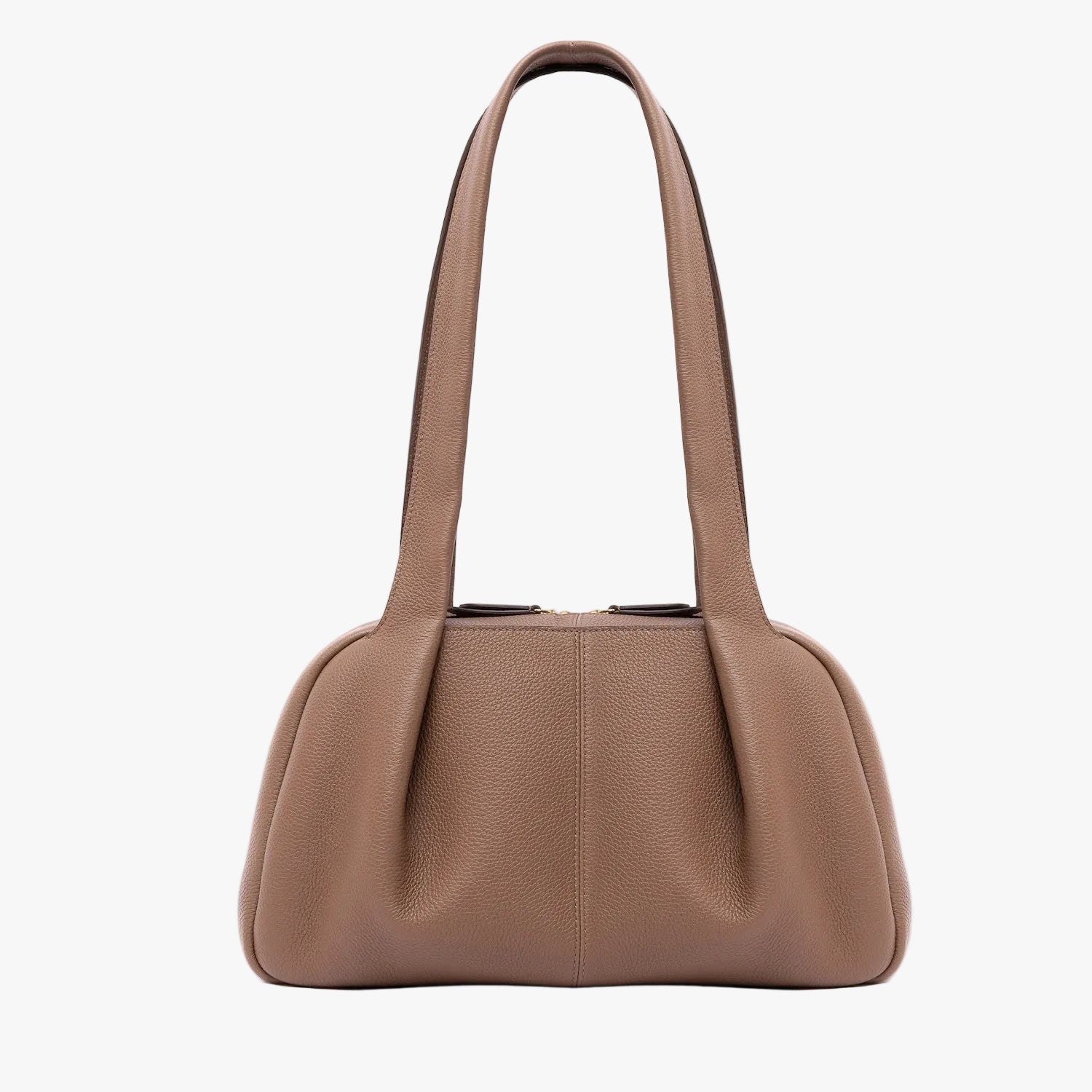 STOW London's Bowling bag in Mocha pebbled leather featuring the pleated front panel and gold-coated stainless steel hardware on a light grey background