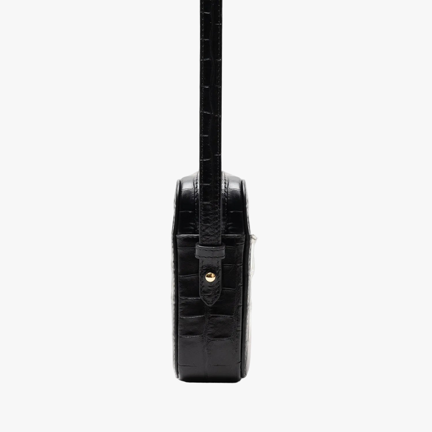 Side view of STOW London's Camera bag in Black Embossed Croc leather featuring gold-coated stainless steel hardware on a white background