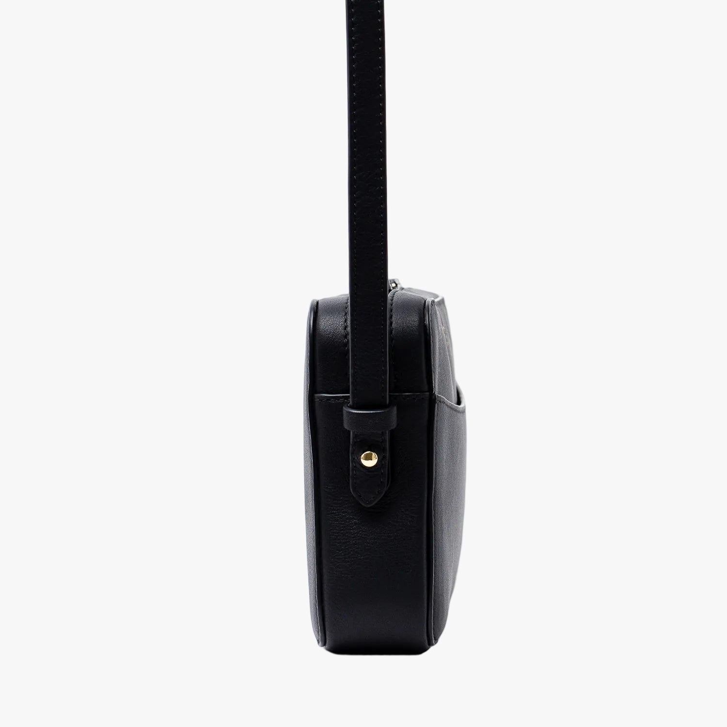 Side view of STOW London's Camera bag in Black Smooth leather featuring gold-coated stainless steel hardware on a white background