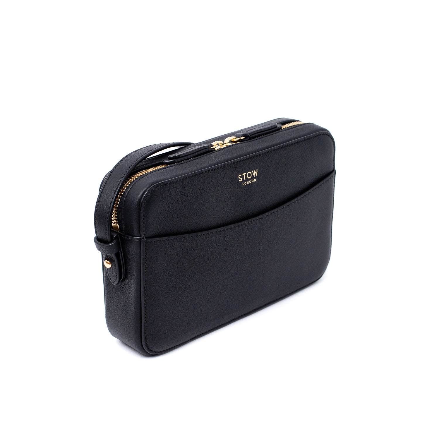 Off-axis view of STOW London's Camera bag in Black smooth leather featuring gold-coated stainless steel hardware on a white background