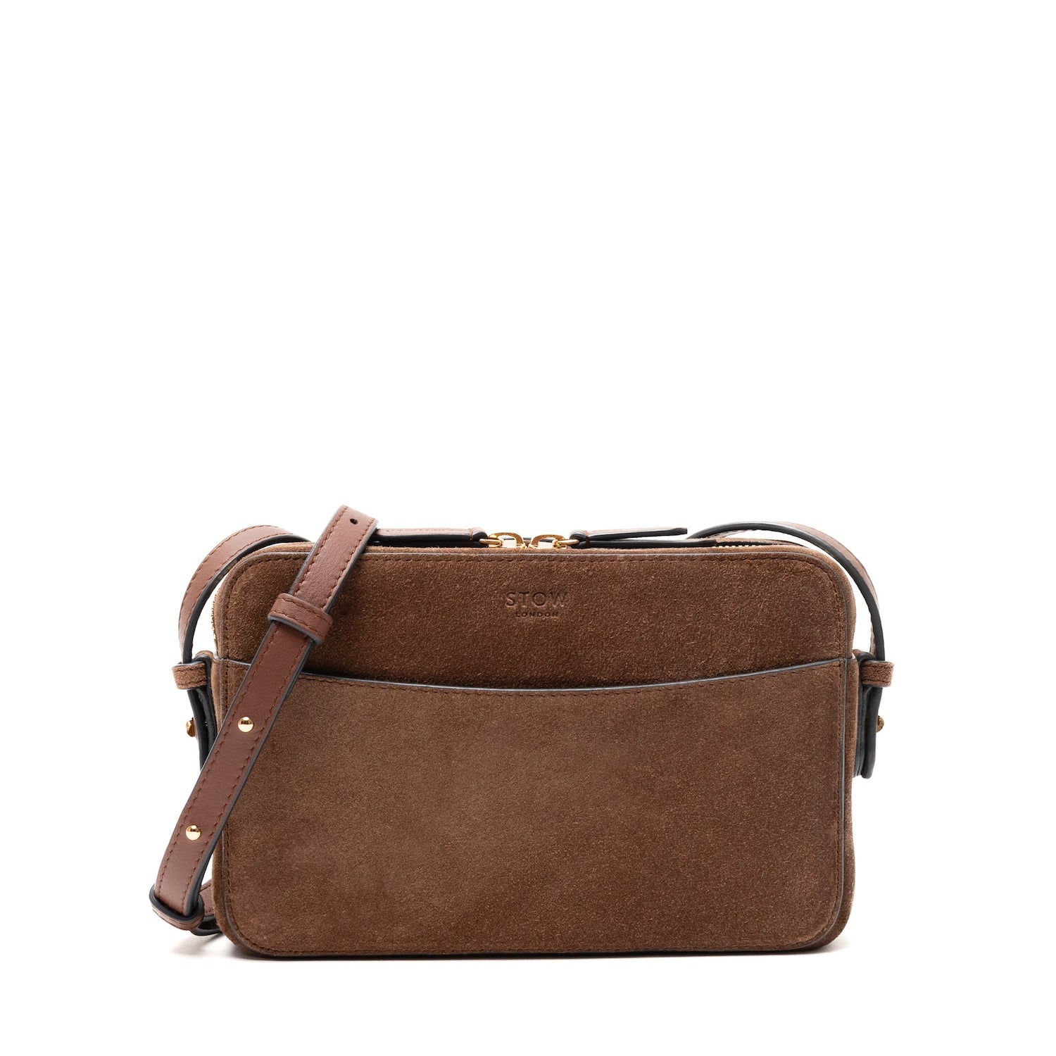STOW London's Camera bag in Chocolate Suede leather with detachable crossbody strap featuring gold-coated stainless steel hardware on a white background