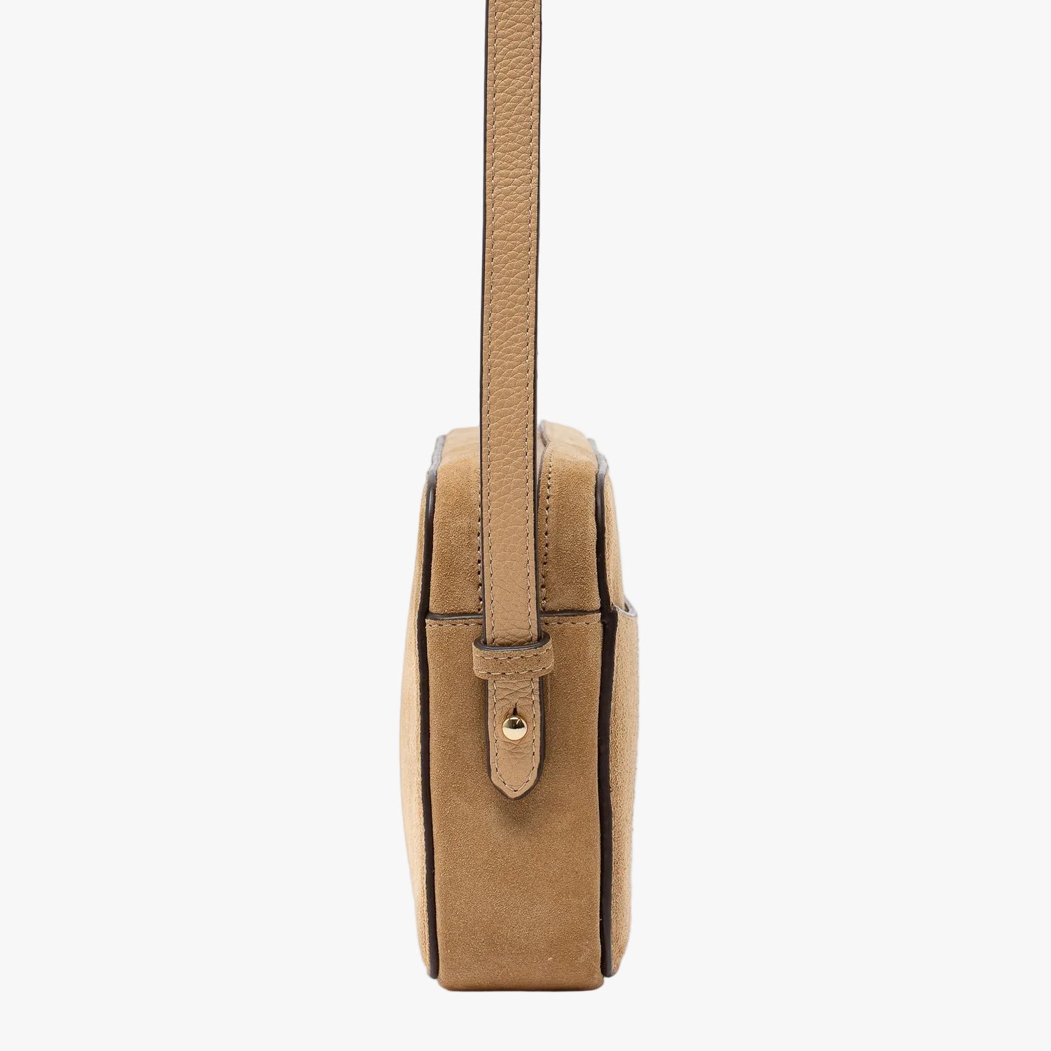 Side view of STOW London's Camera bag in Soft Sand Suede leather featuring gold-coated stainless steel hardware on a white background