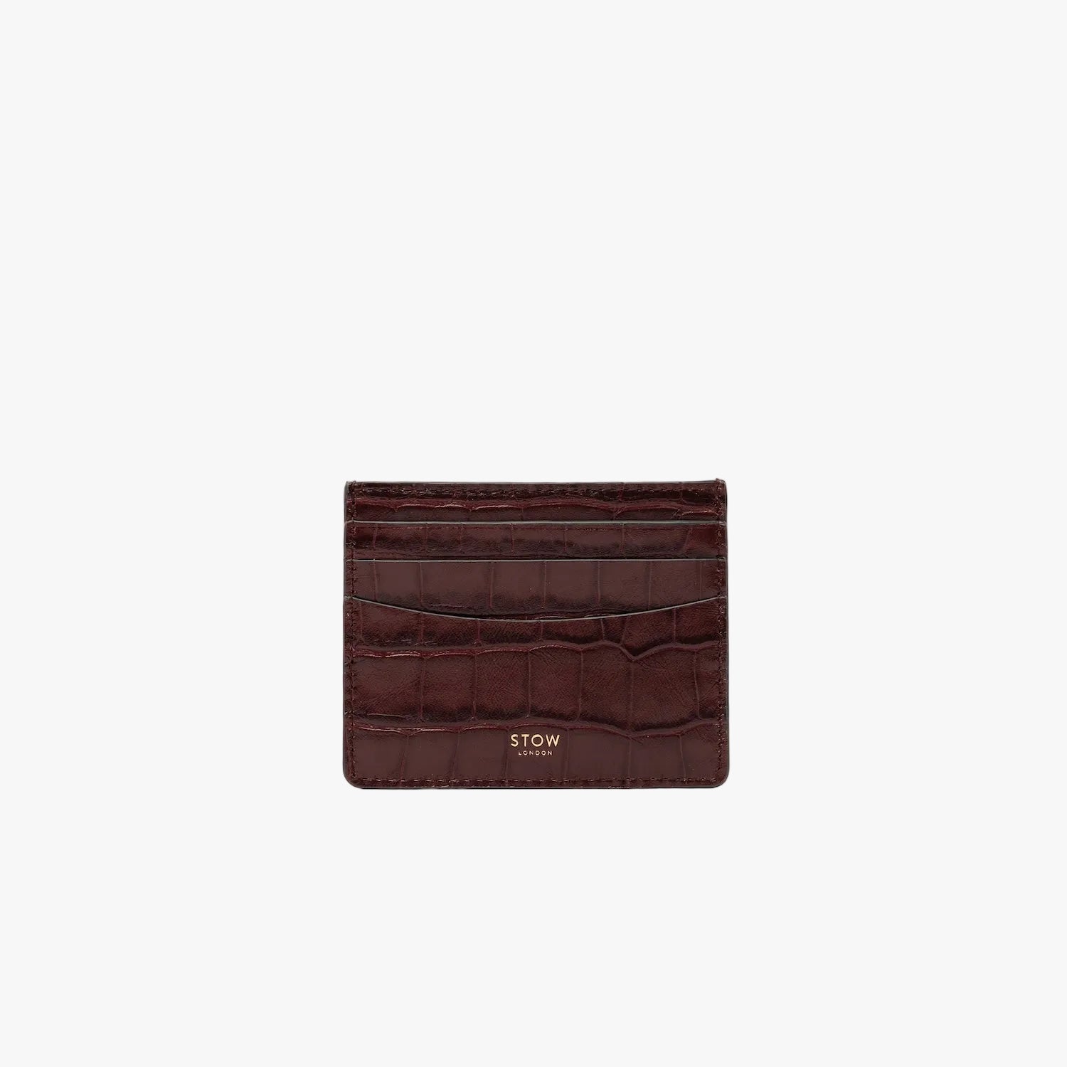 STOW London's Cardholder in Burgundy Embossed Croc leather on a light grey background featuring a fine gold embossed logo on the front bottom.