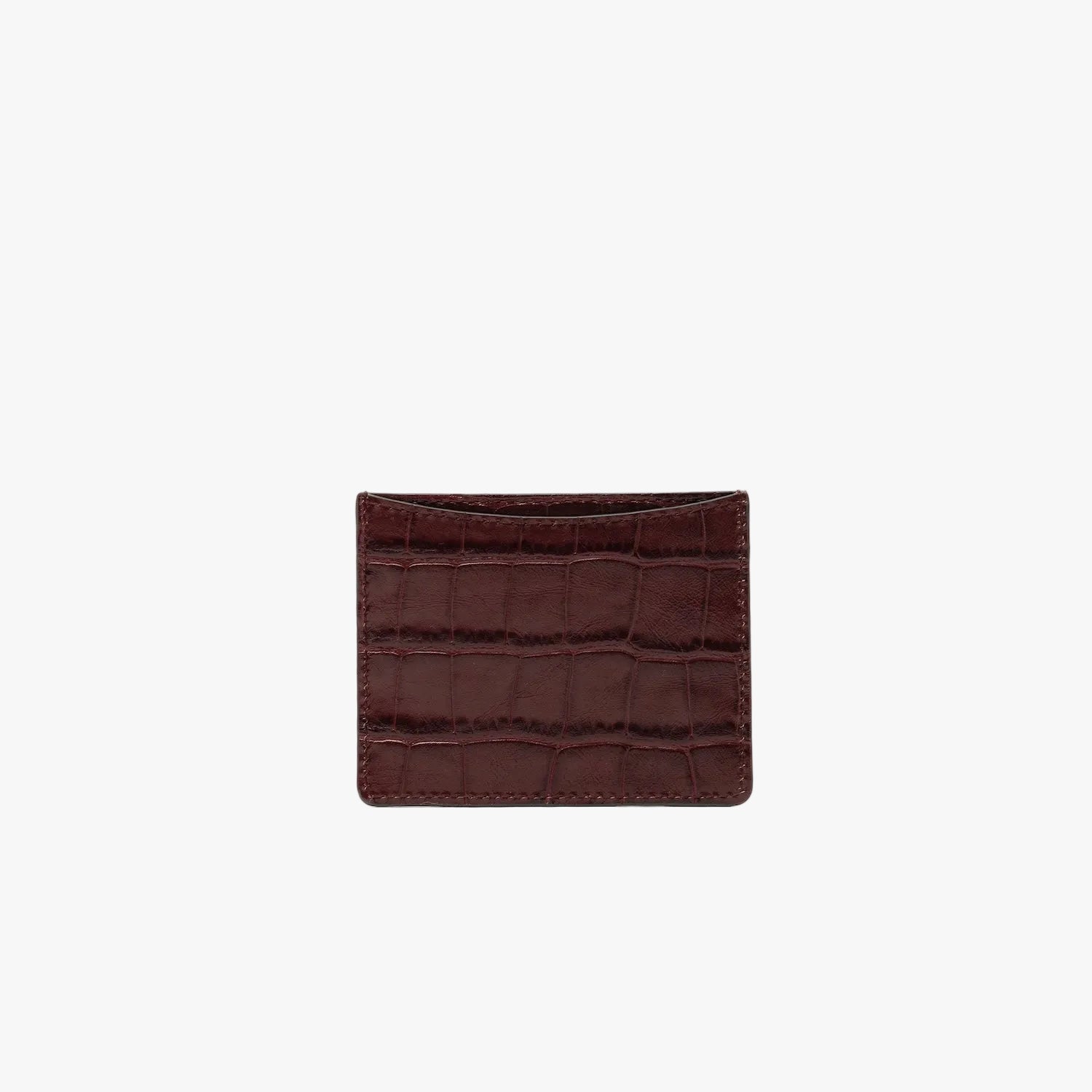 Back panel of STOW London's Cardholder in Burgundy Embossed Croc leather on a light grey background