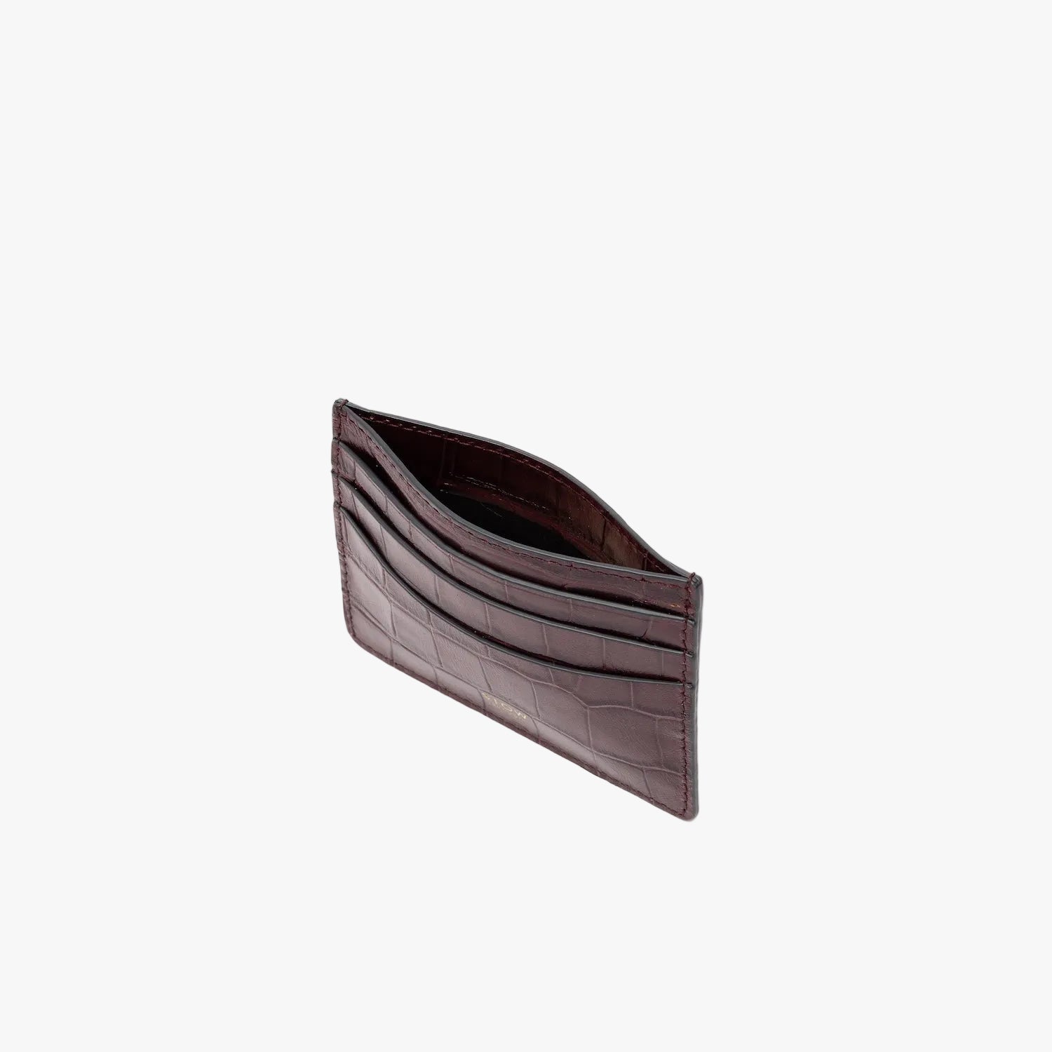 Top view of STOW London's Cardholder in Burgundy Embossed Croc leather on a light grey background