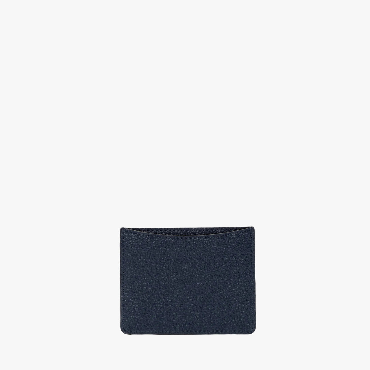 Back panel of STOW London's Cardholder in Navy pebbled leather on a light grey background featuring the rear slip pocket