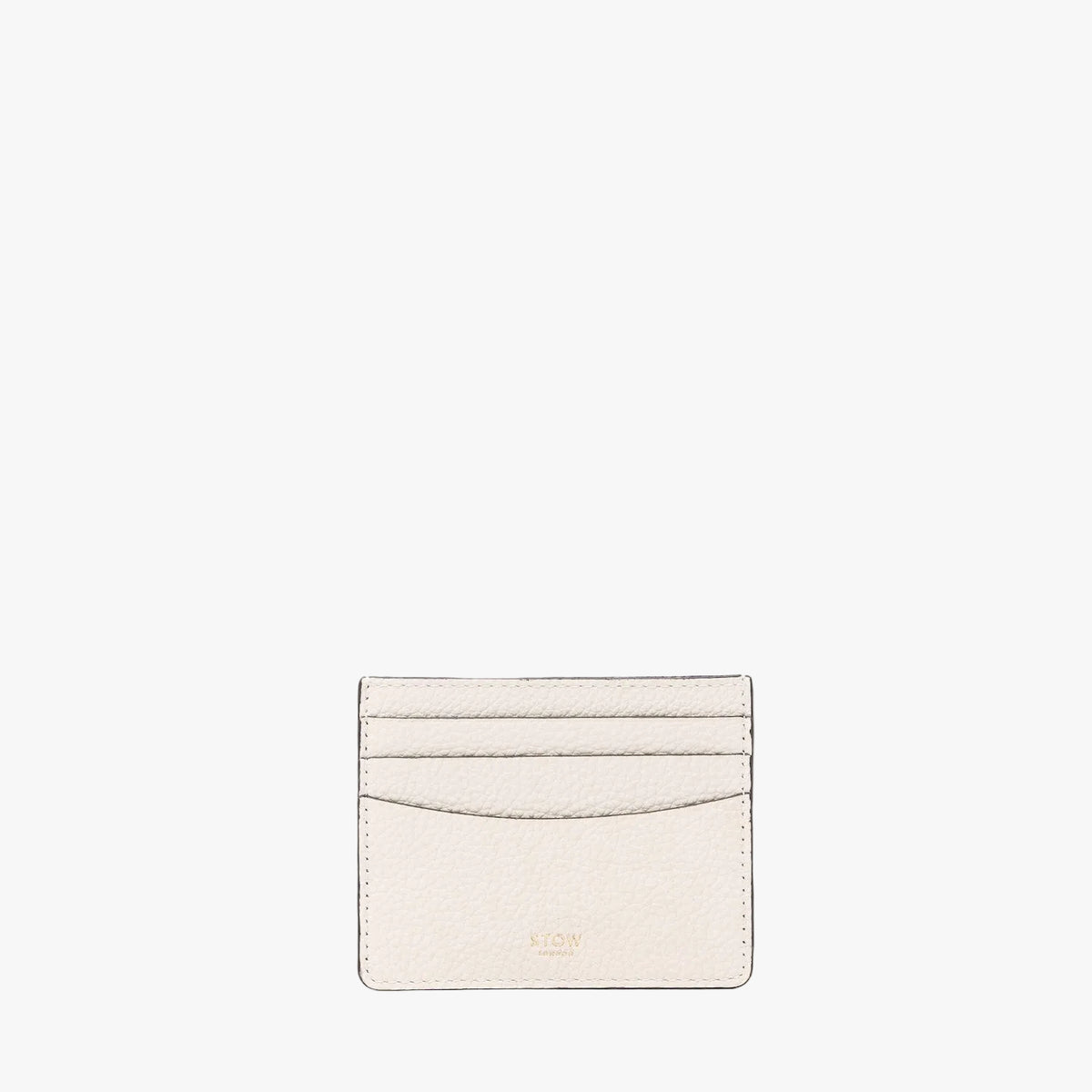 STOW London's Cardholder in Spring Moon pebbled leather on a light grey background featuring a fine gold embossed logo on the front bottom.