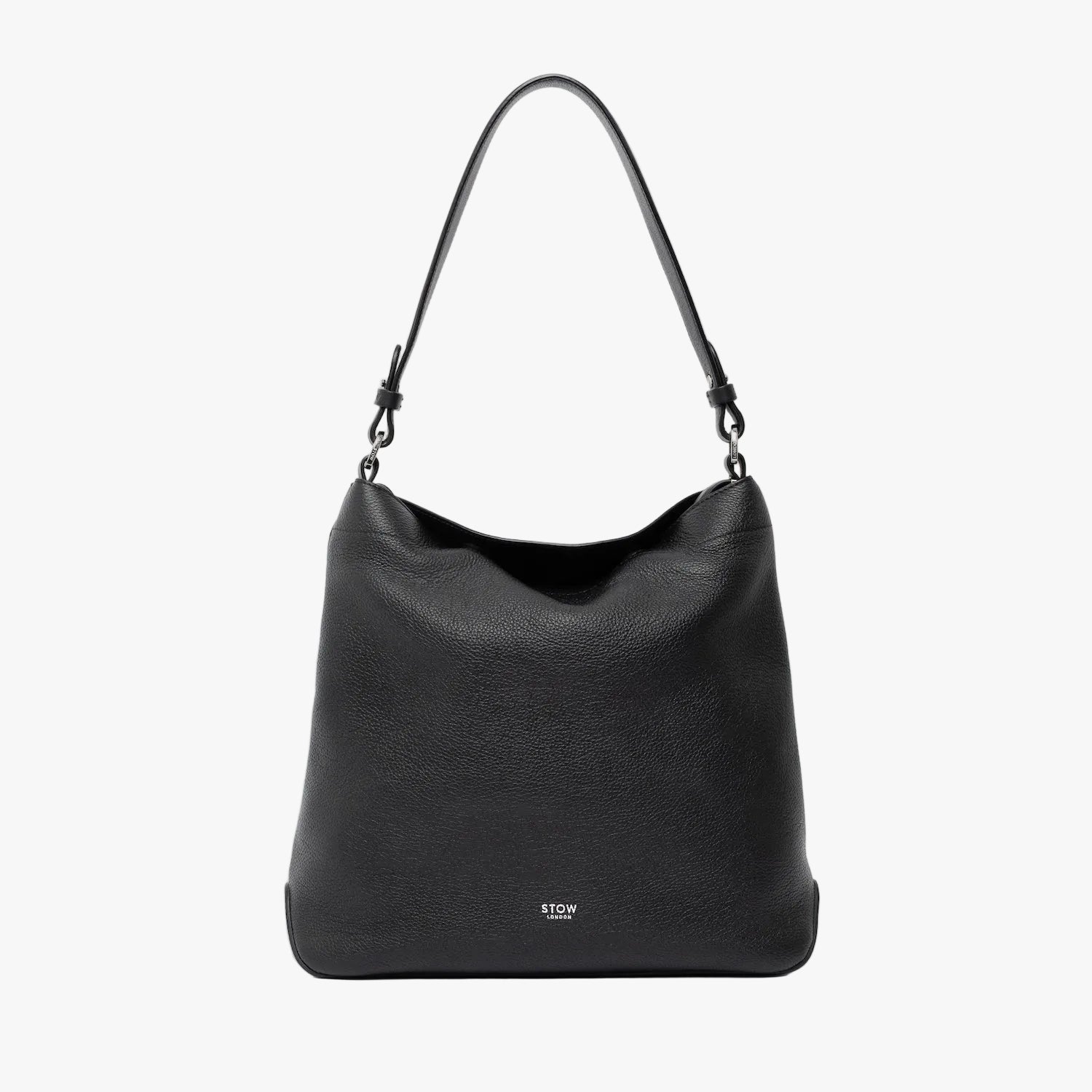 STOW London's Curve in Black leather on a light grey background featuring the detachable shoulder strap with silver hardware