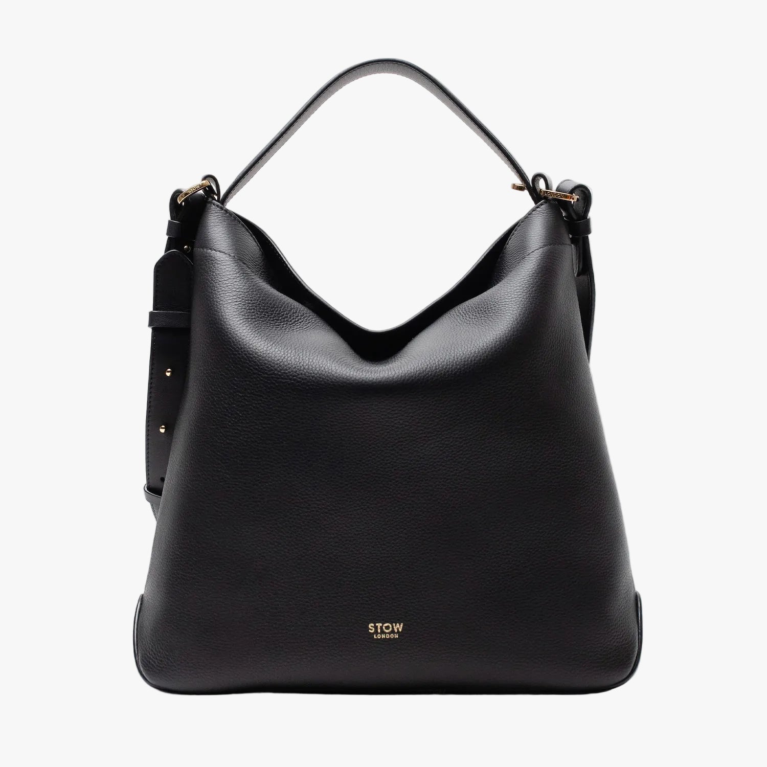 Stow London's Curve bag in Black pebbled leather featuring gold-coated stainless steel hardware on a light grey background