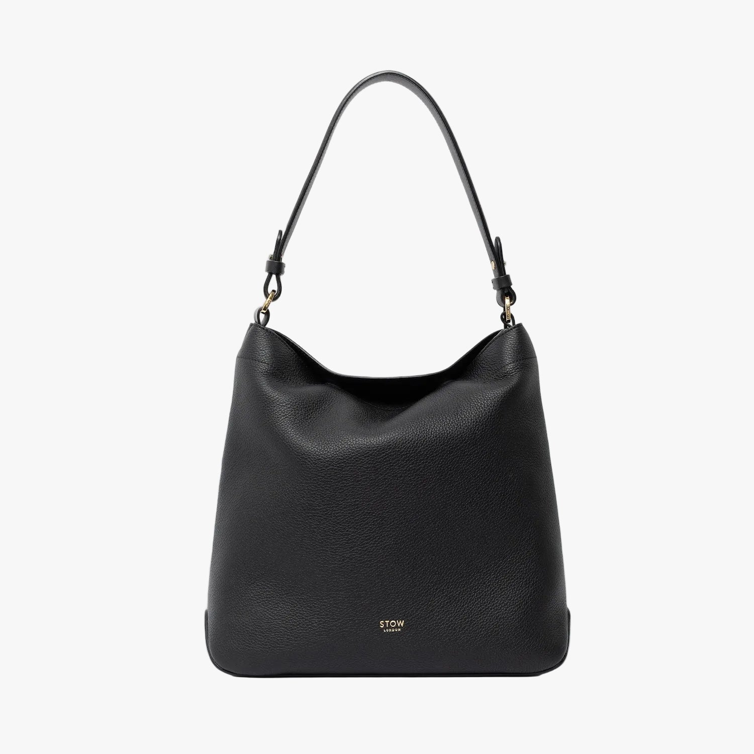 STOW London's Curve in Black leather on a light grey background featuring the detachable shoulder strap with gold hardware and details