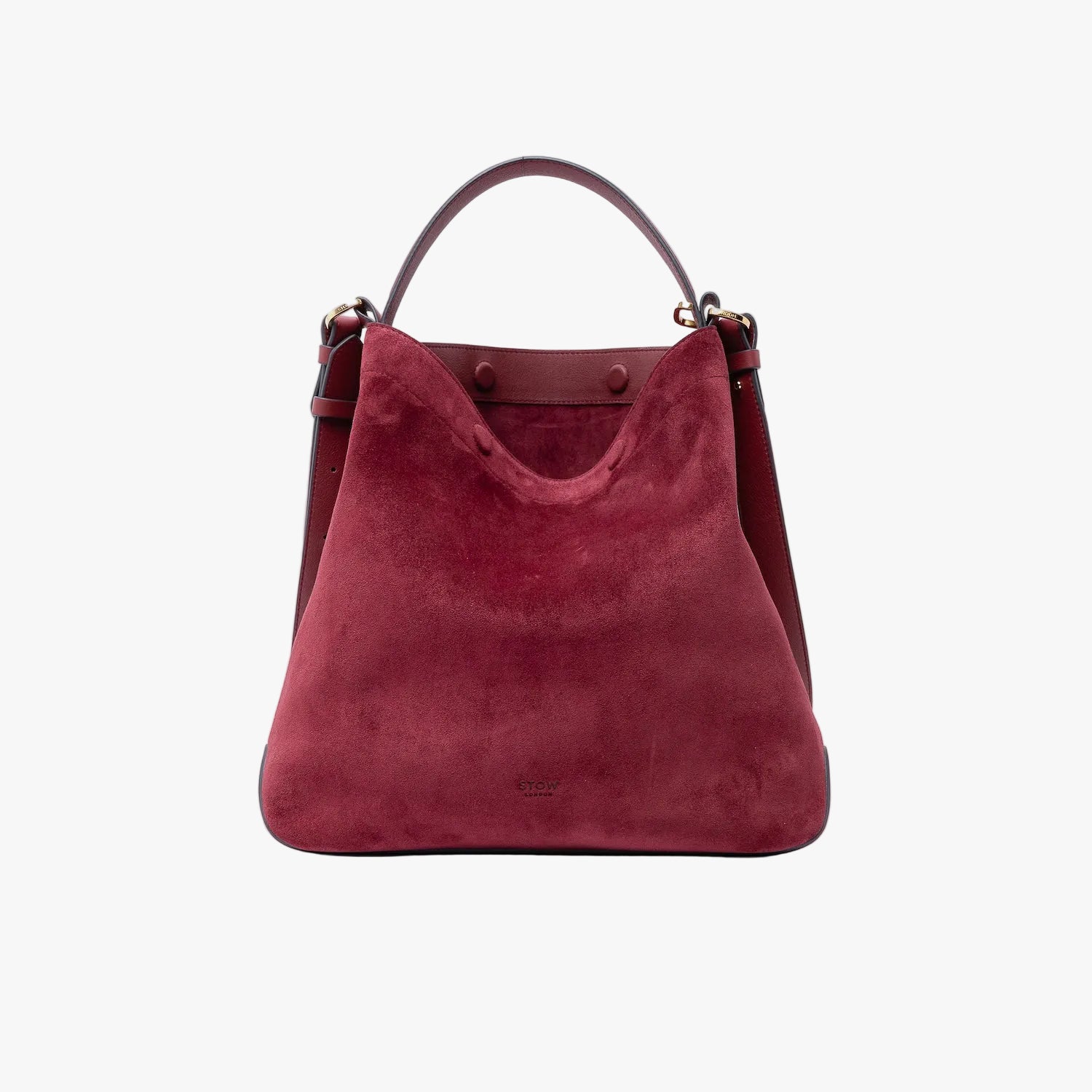 Stow London's Curve bag in Burgundy suede leather with magnets open showing the Burgundy suede interior featuring gold-coated stainless steel hardware on a light grey background