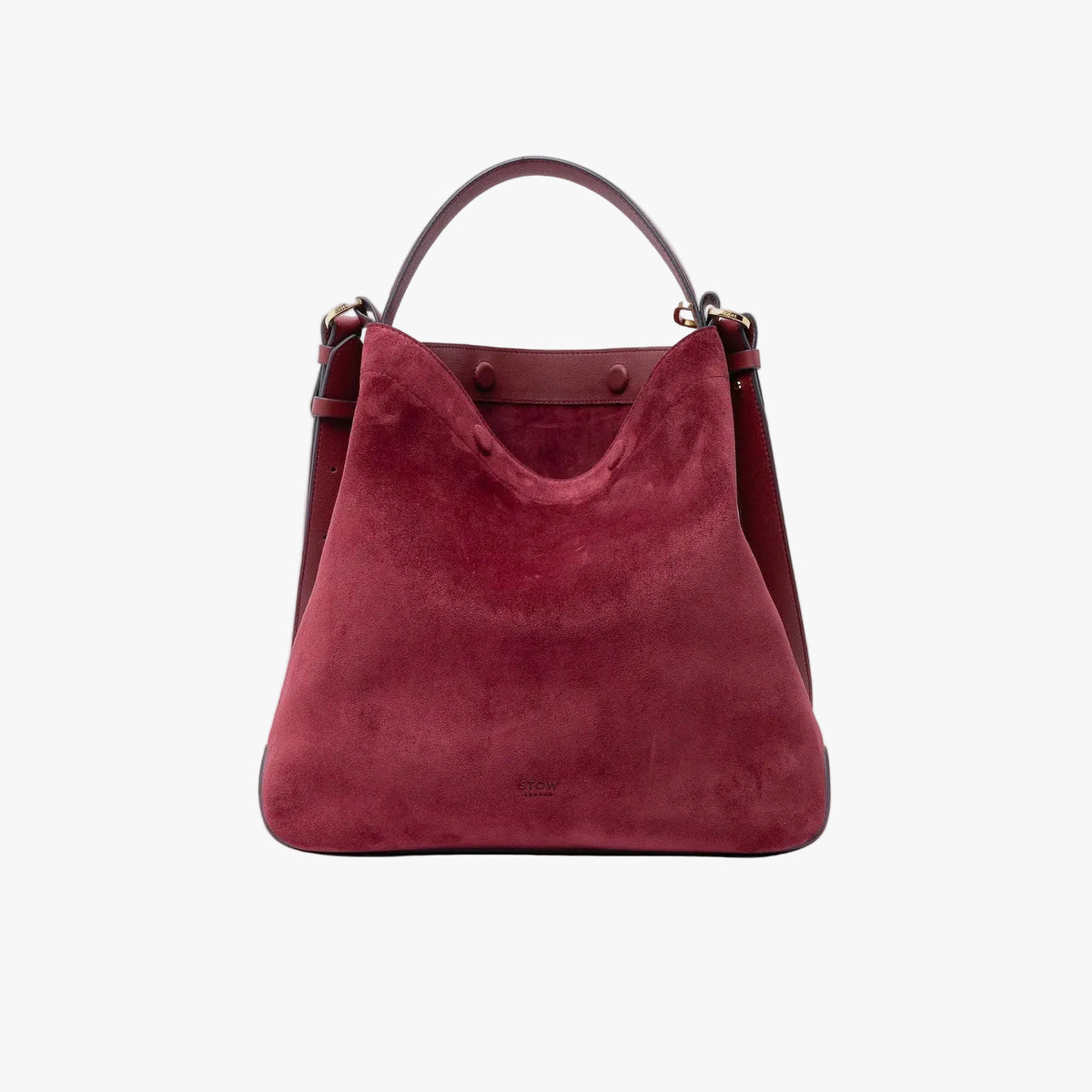 Stow London's Curve bag in Burgundy suede leather with magnets open showing the Burgundy suede interior featuring gold-coated stainless steel hardware on a light grey background