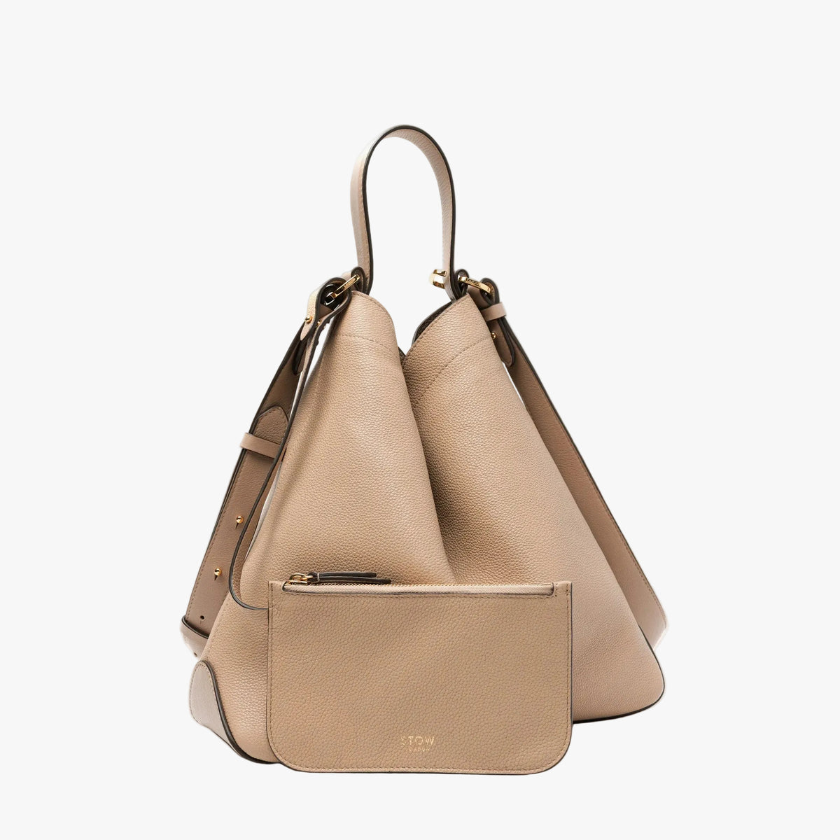 STOW London's Curve bag in Camel pebbled leather with its matching detachable zip pouch featuring gold-coated stainless steel hardware on a light grey background