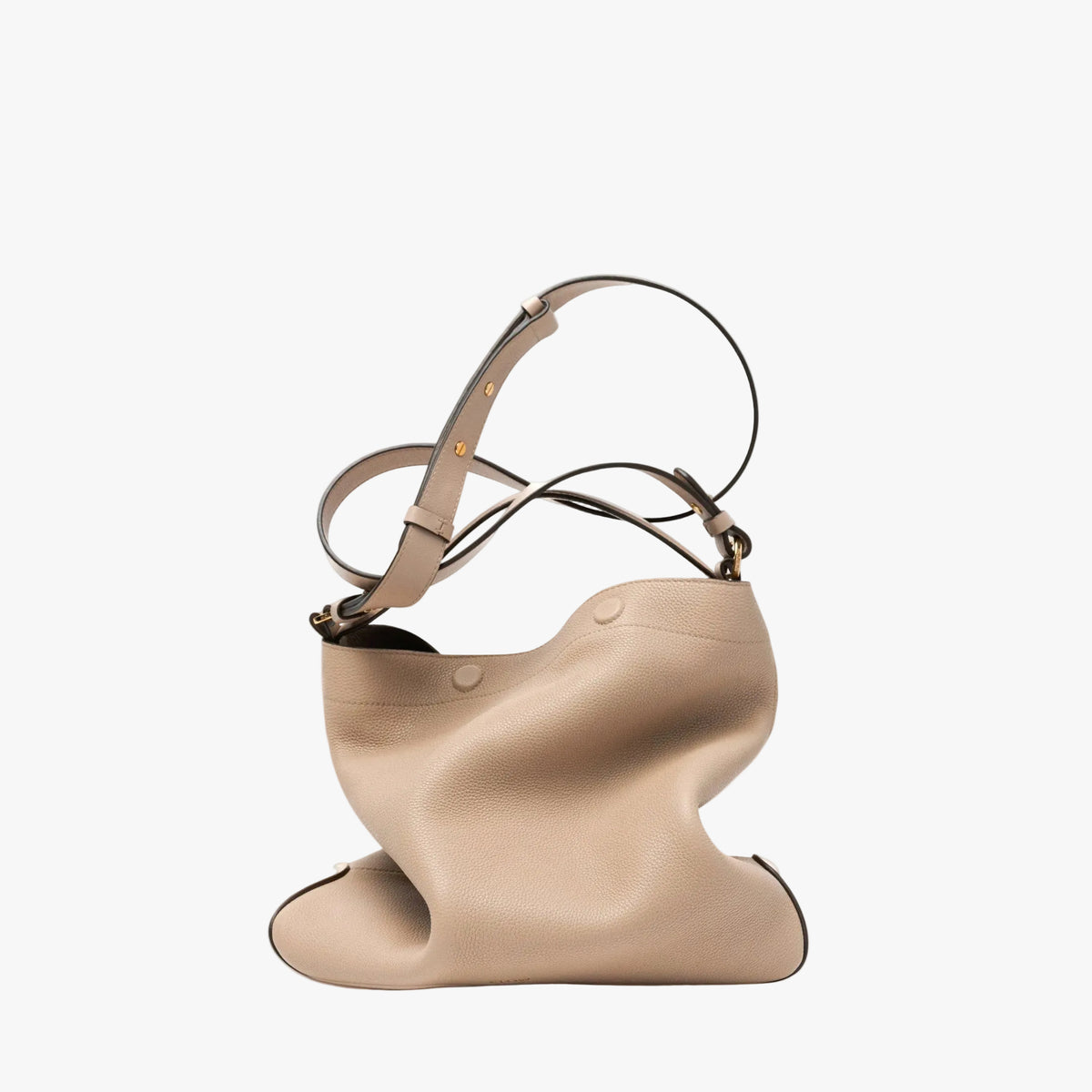 STOW London's Curve bag in Camel pebbled leather featuring its detachable crossbody strap and gold-coated stainless steel hardware on a light grey background