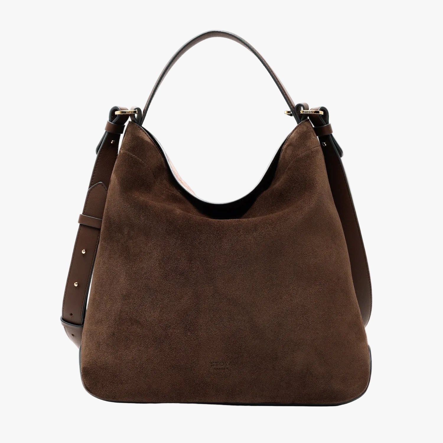 Stow London's Curve bag in Chocolate suede leather featuring gold-coated stainless steel hardware on a light grey background