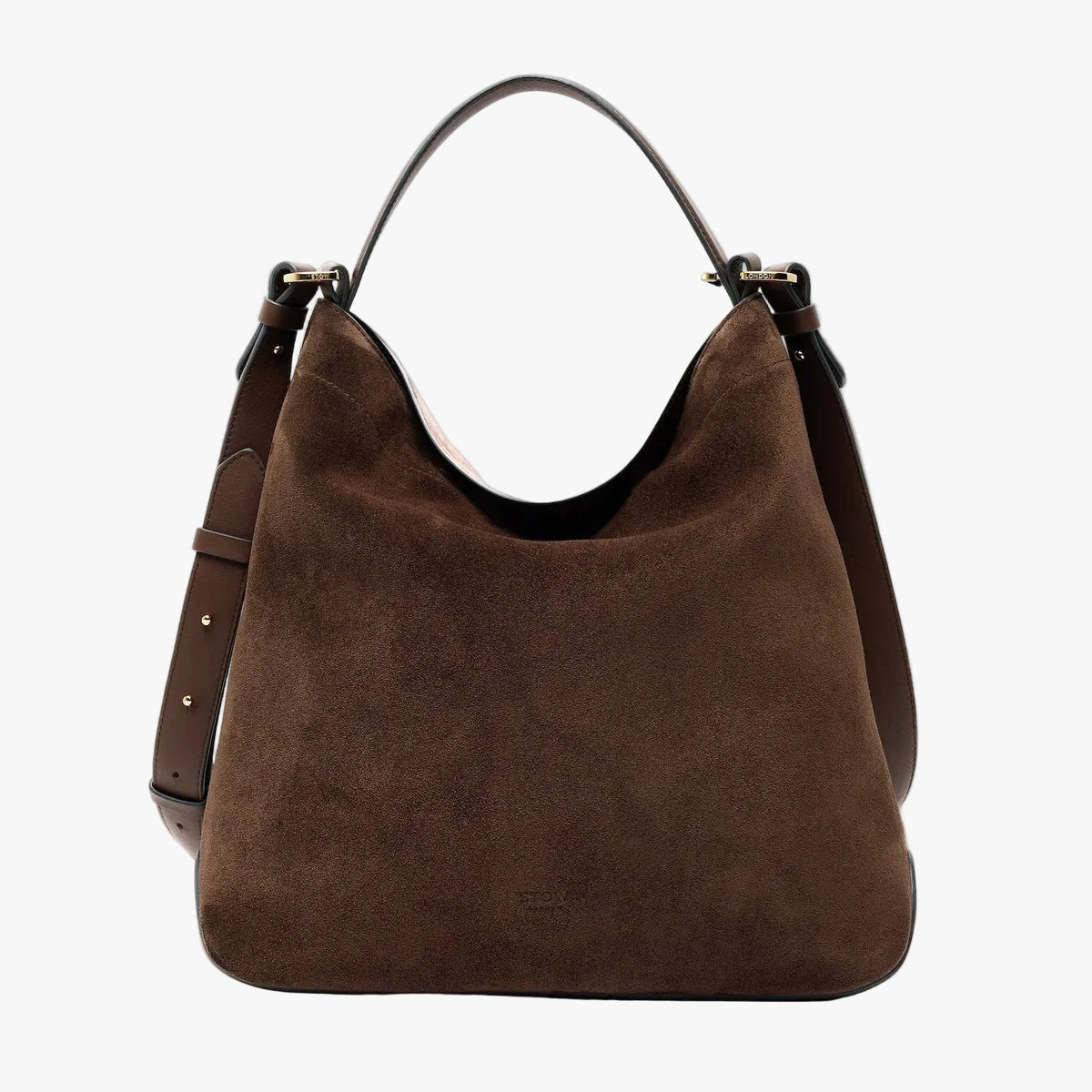 Stow London's Curve bag in Chocolate suede leather featuring gold-coated stainless steel hardware on a light grey background