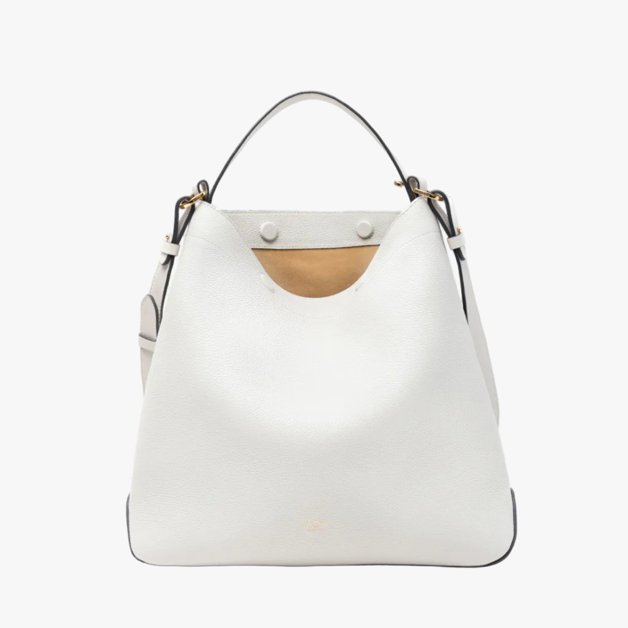 Stow London's Curve bag in Cloud Grey pebbled leather with magnets open showing cognac suede interior featuring gold-coated stainless steel hardware on a light grey background