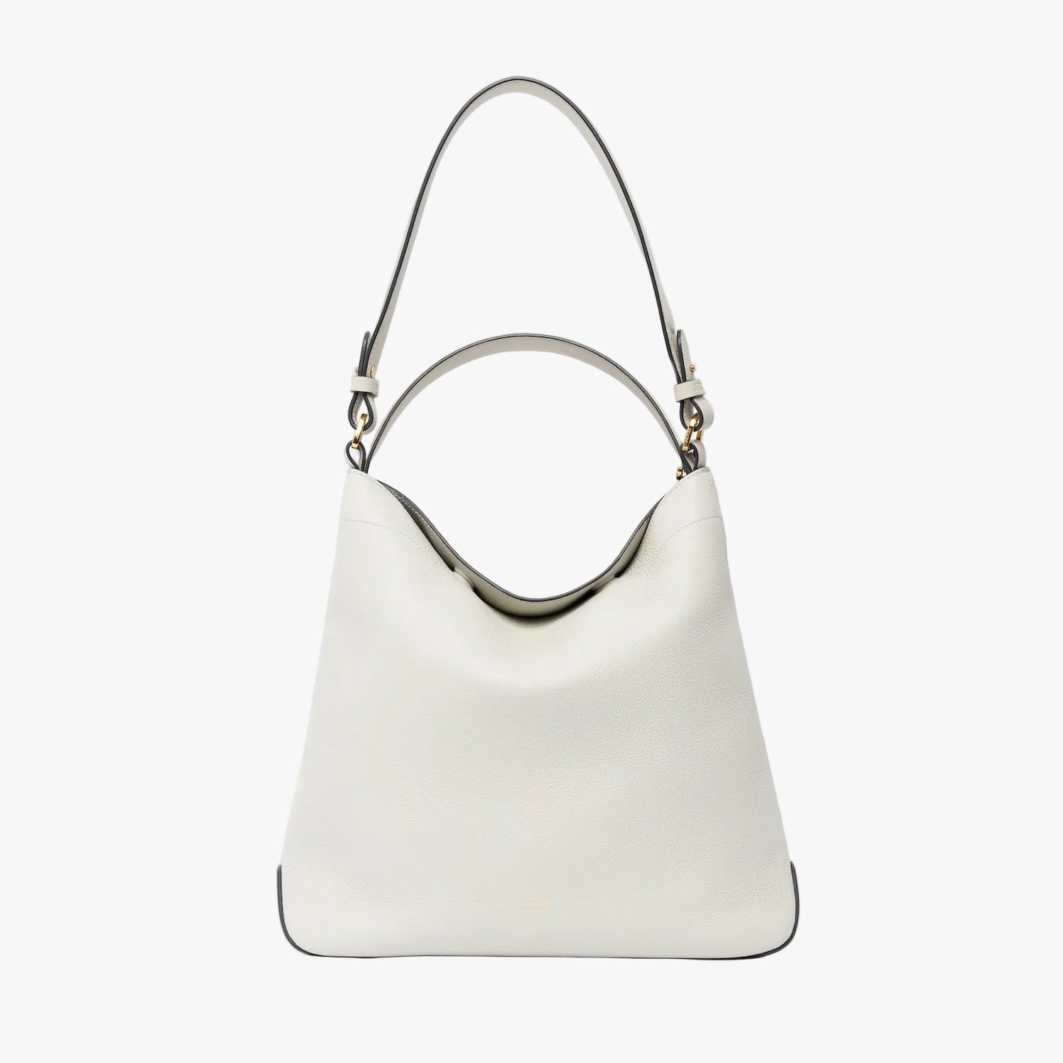 STOW London's Curve in Cloud Grey leather on a light grey background featuring the detachable shoulder strap and top handle with gold hardware and details