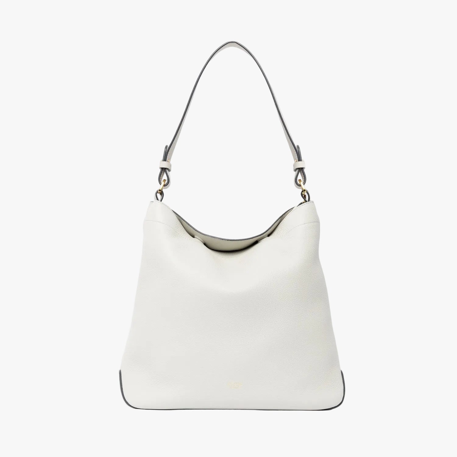 STOW London's Curve in Cloud Grey leather on a light grey background featuring the detachable shoulder strap with gold hardware and details