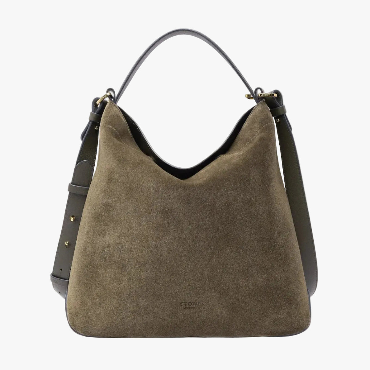 Stow London's Curve bag in Dark Green suede leather featuring gold-coated stainless steel hardware on a light grey background