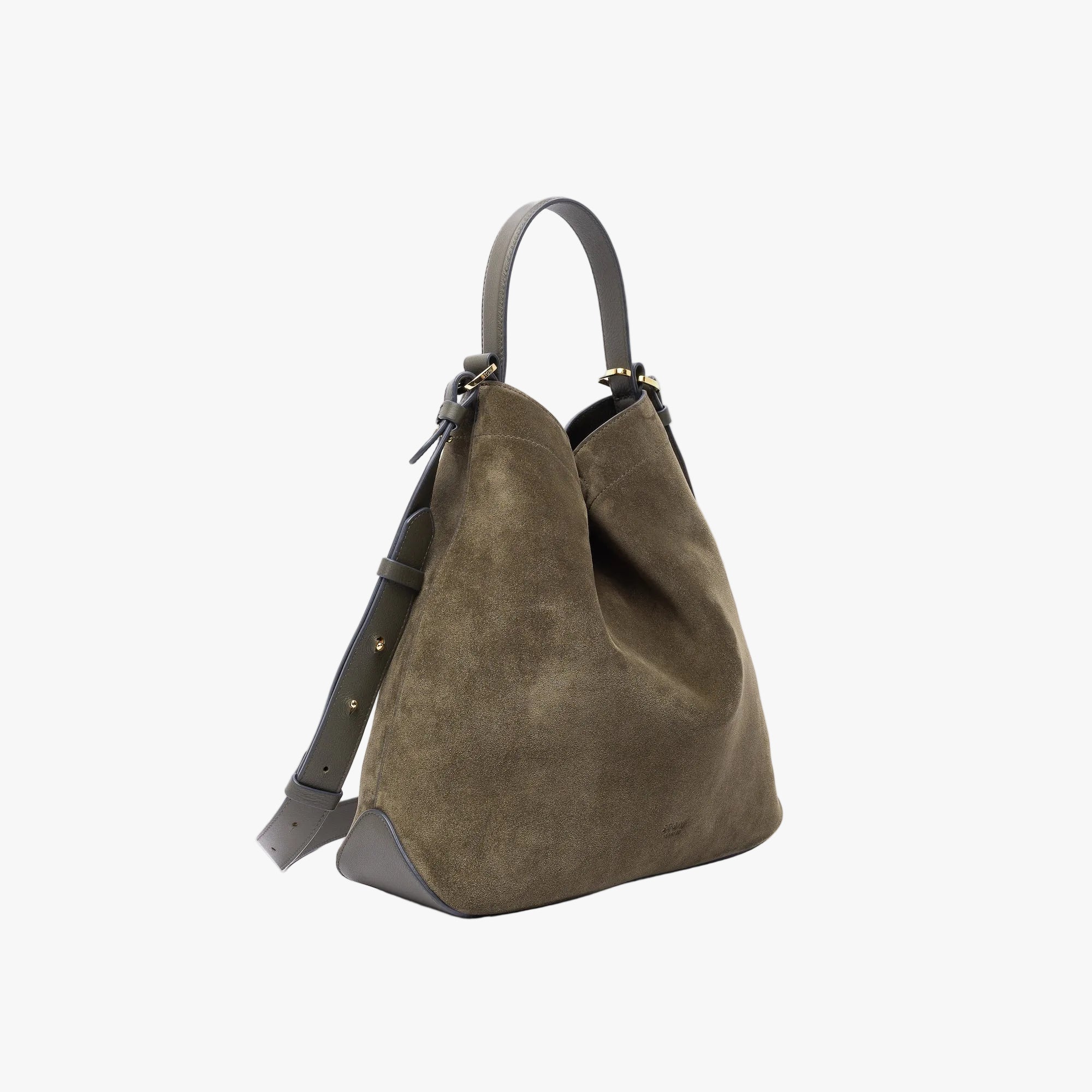 Off-axis view of Stow London's Curve bag in Dark Green suede leather shaped in a triangular form featuring gold-coated stainless steel hardware on a light grey background