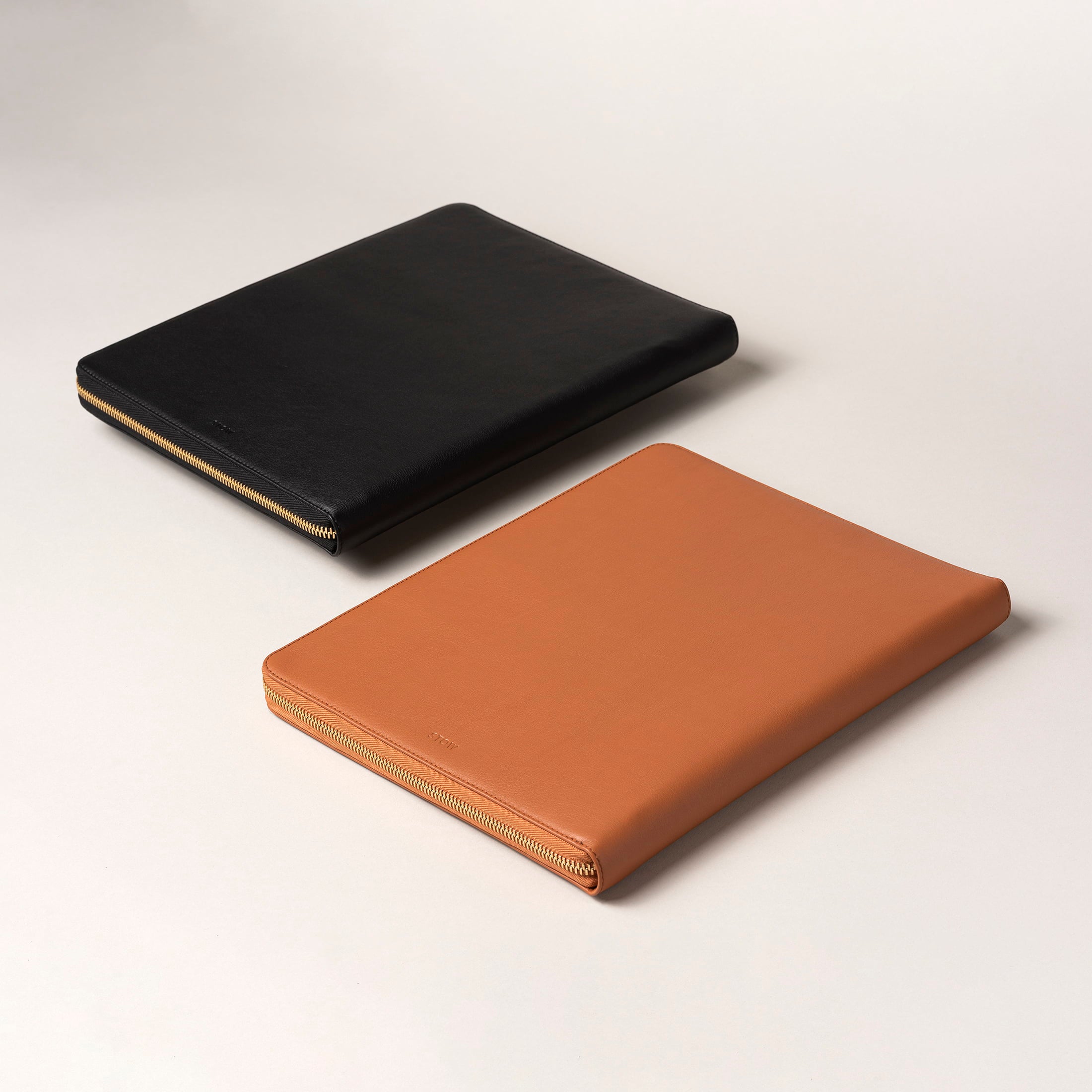 STOW London Executive Folio tech case in Earth Tan and Black leather