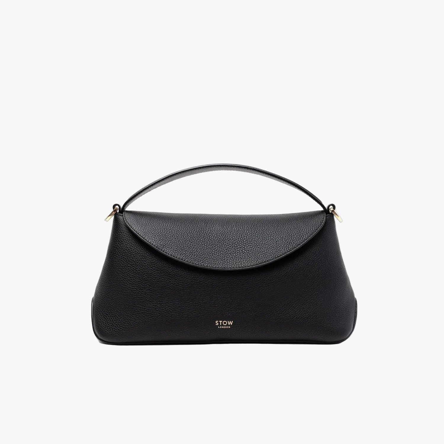 STOW London's East West in Black pebbled leather featuring gold-coated stainless steel hardware on a light grey background