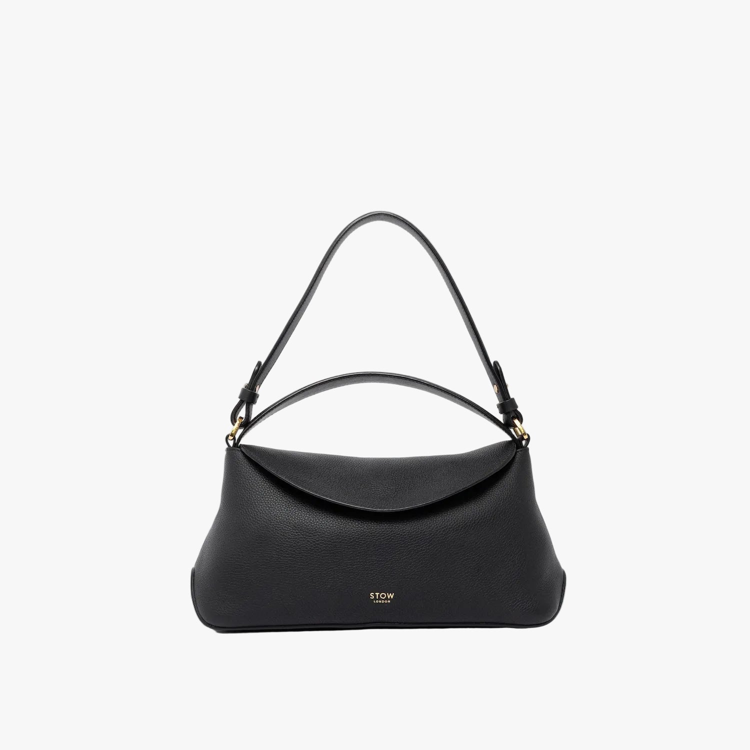 STOW London's East West in Black leather on a light grey background featuring the detachable shoulder strap and top handle with gold hardware and details