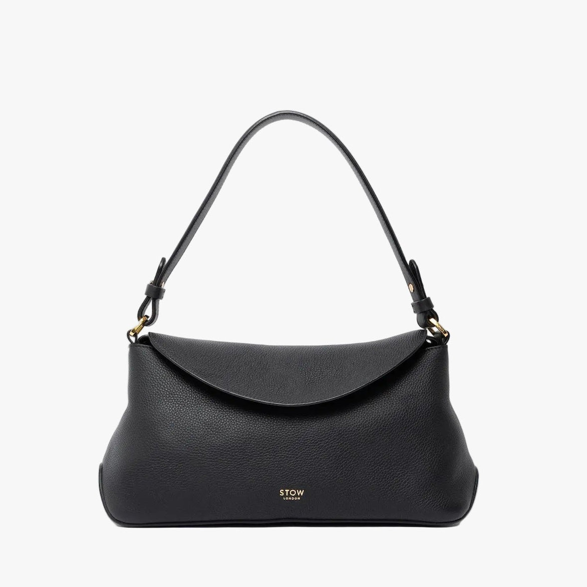 STOW London's East West in Black leather on a light grey background featuring the detachable shoulder strap with gold hardware and details