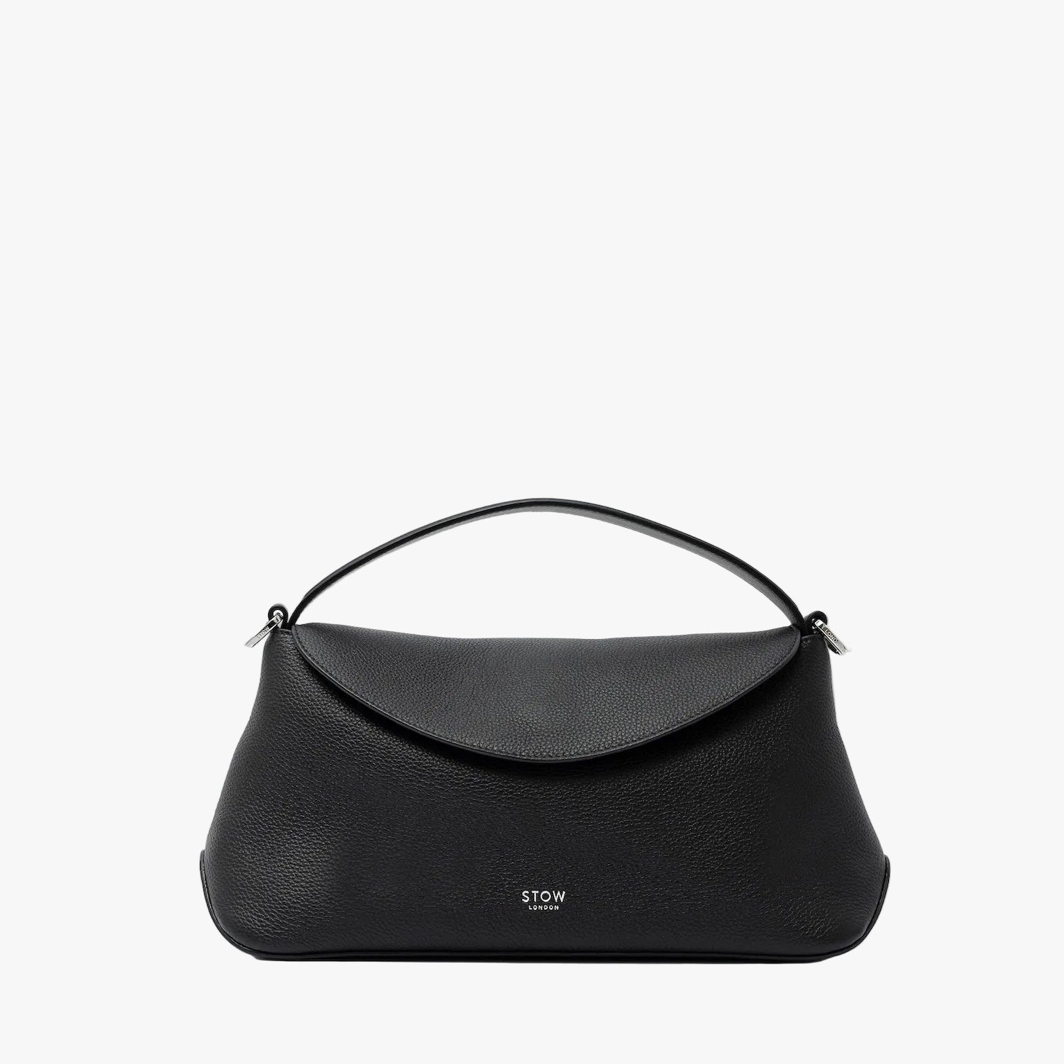 STOW London's East West in Black pebbled leather featuring silver stainless steel hardware on a light grey background