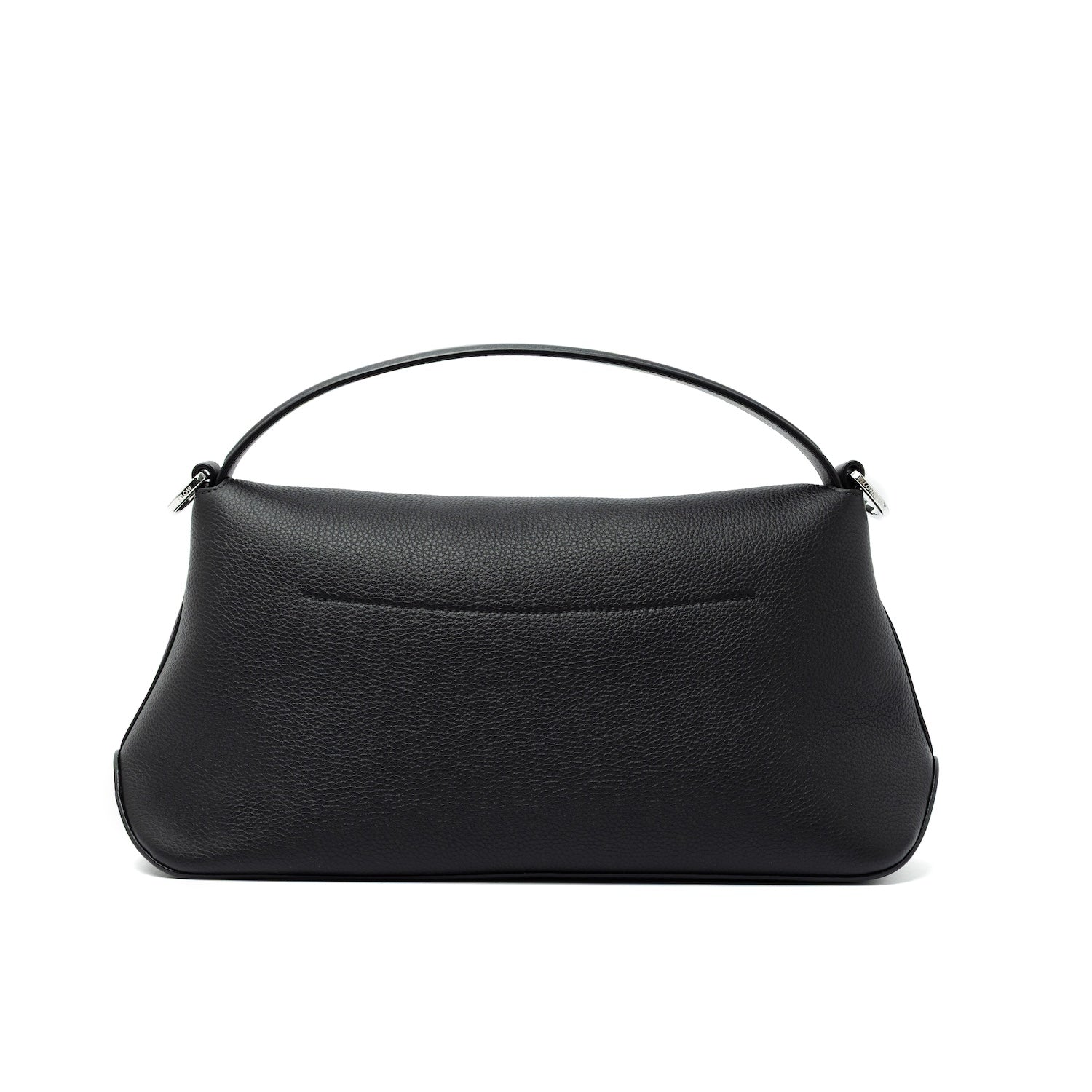 View of the back of STOW London's East West bag in Black pebbled and smooth leather featuring silver stainless steel hardware on a white background