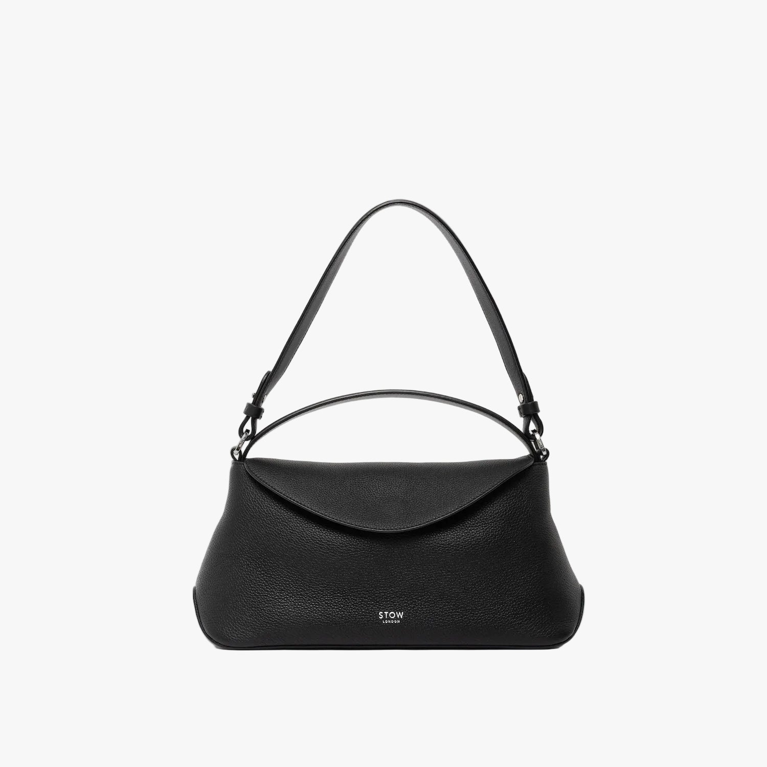 STOW London's East West, detachable shoulder strap and top handle in Black leather on a light grey background featuring silver hardware and details