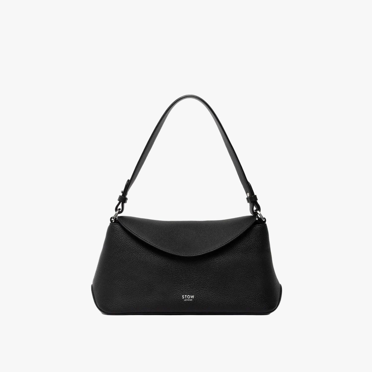 STOW London's East West and detachable shoulder strap in Black leather on a light grey background featuring silver hardware and details