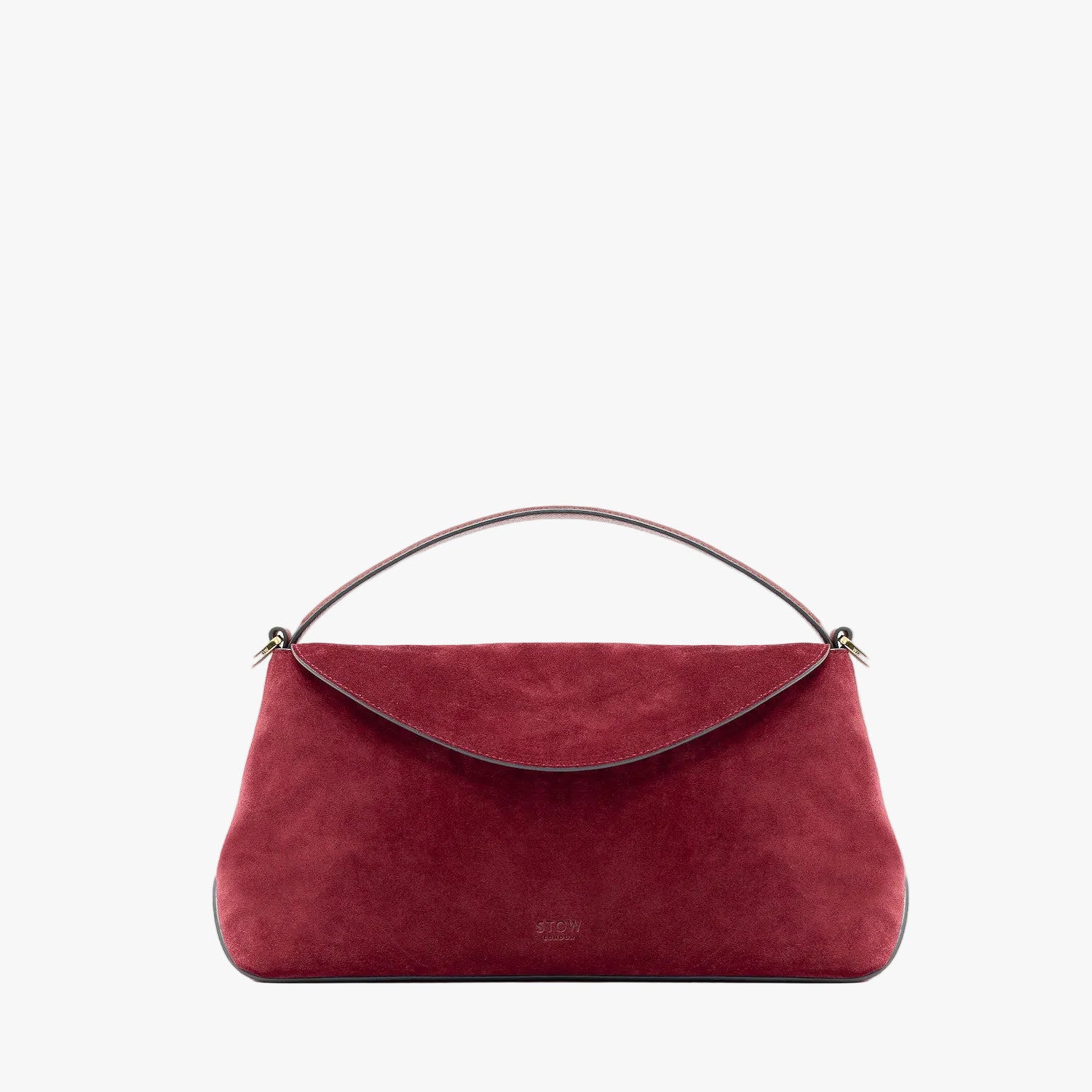 STOW London's East West in Burgundy suede leather featuring gold-coated stainless steel hardware on a light grey background