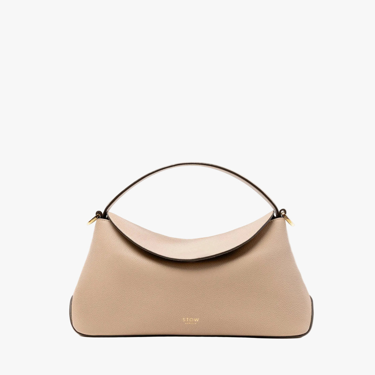STOW London's East West in Camel pebbled leather featuring gold-coated stainless steel hardware on a light grey background