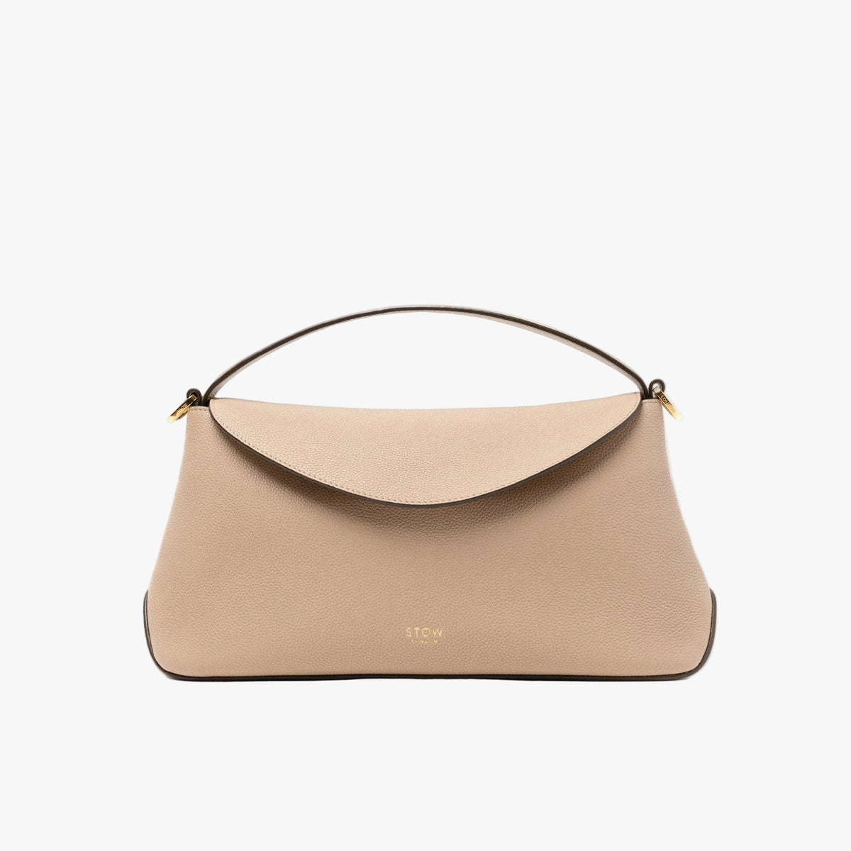STOW London's East West in Camel pebbled leather featuring gold-coated stainless steel hardware on a light grey background