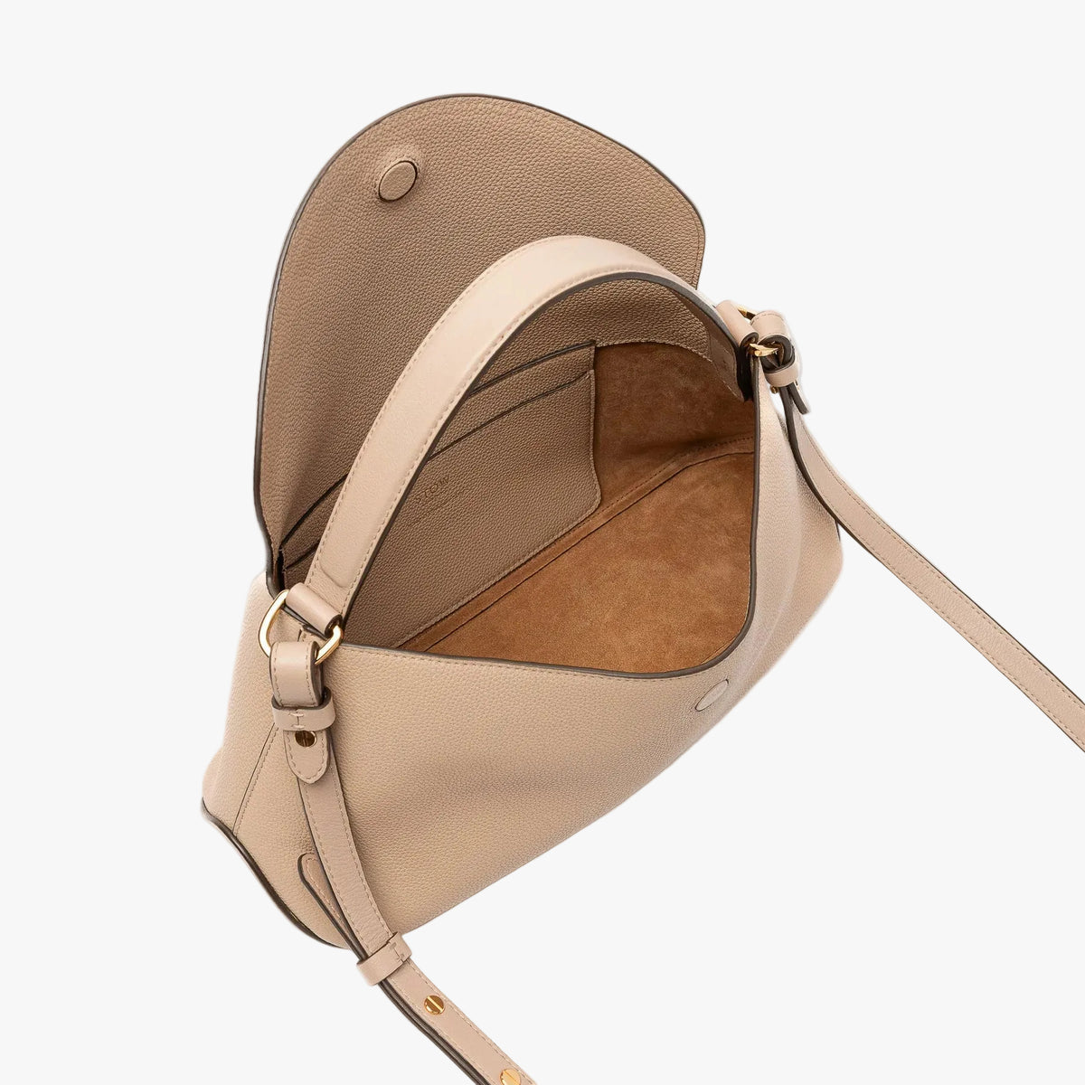 STOW London's East West in Camel pebbled leather with flap open showing suede interior and leather slip pocket featuring gold-coated stainless steel hardware and the hidden magnetic closures on a light grey background