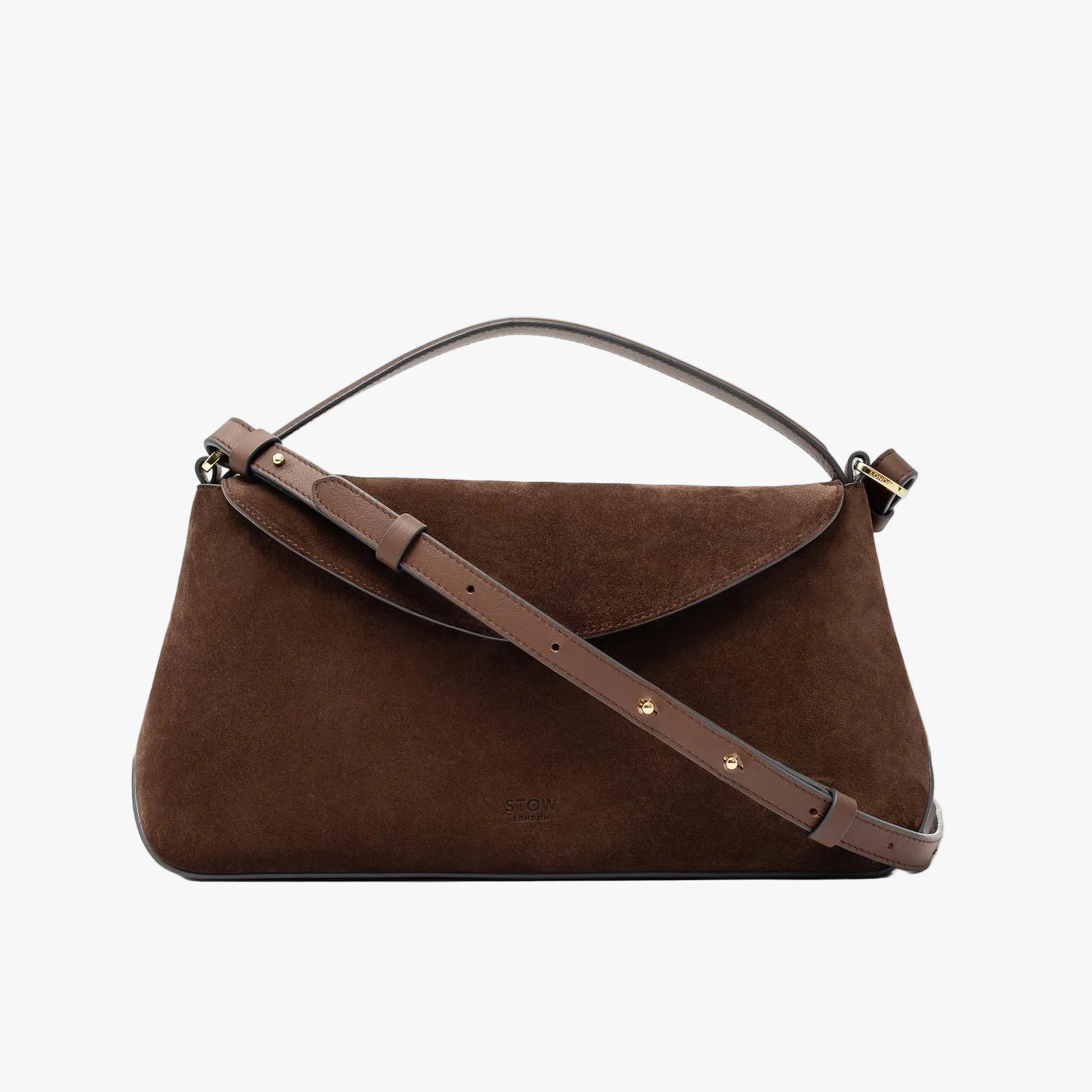 STOW London's East West in Chocolate suede leather and detachable crossbody strap featuring gold-coated stainless steel hardware on a light grey background