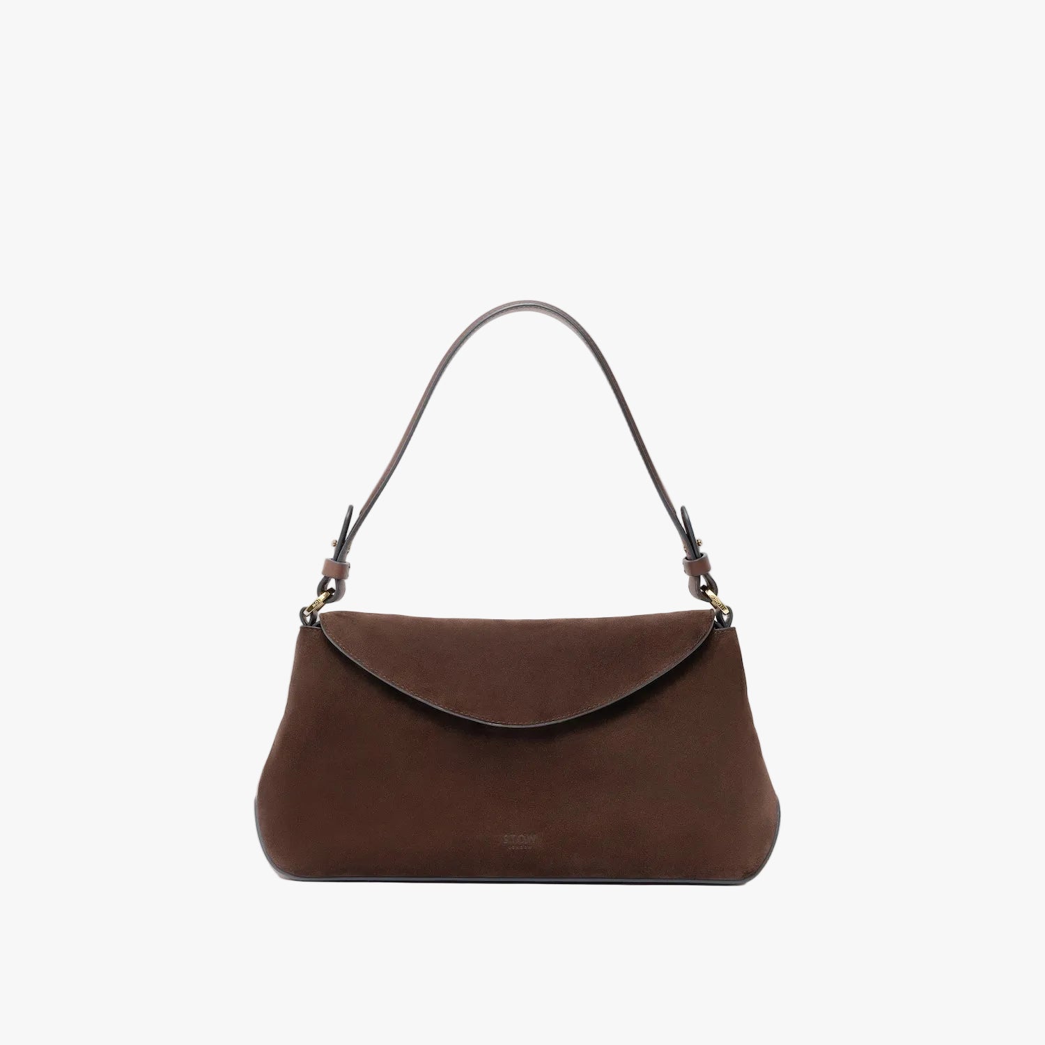 STOW London's East West in Chocolate suede leather on a light grey background featuring the detachable shoulder strap with gold hardware