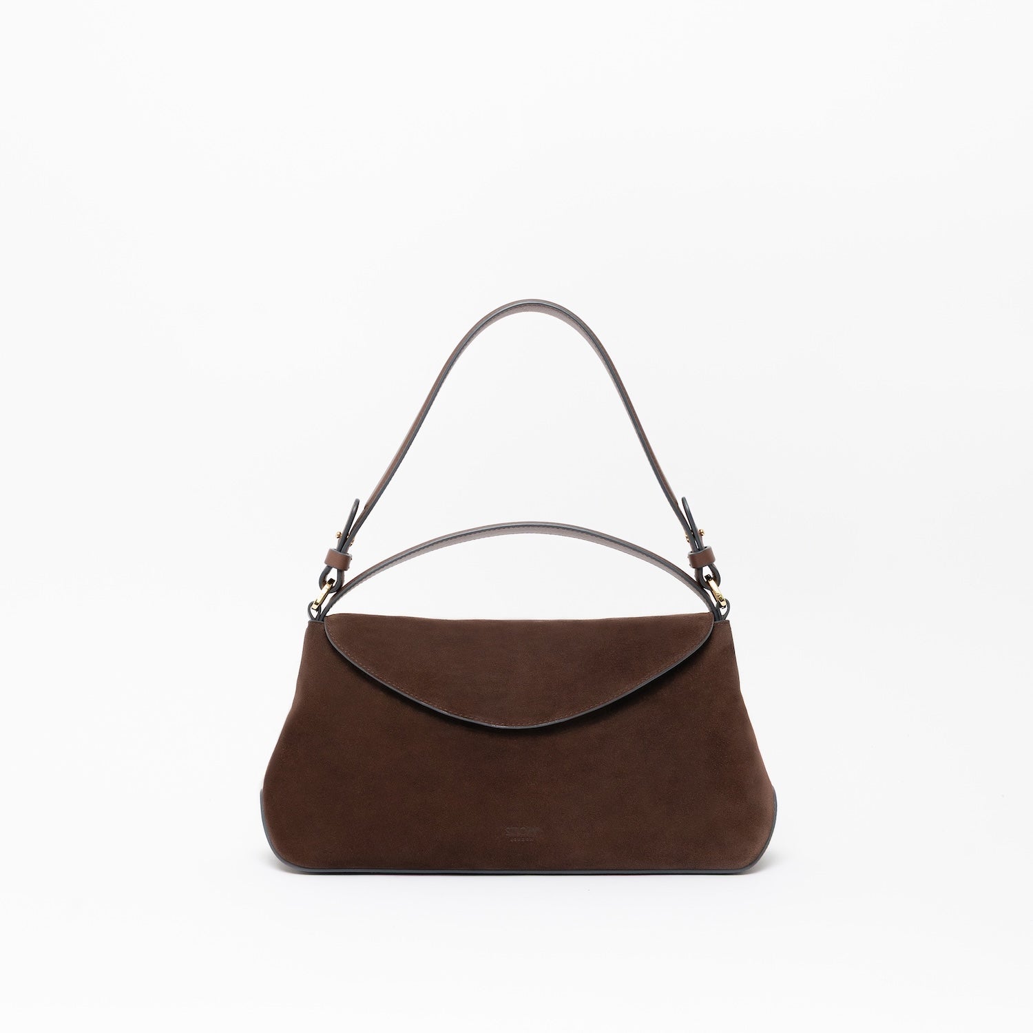 STOW London's East West in Chocolate suede leather on a light grey background featuring the detachable shoulder strap and top handle with gold hardware