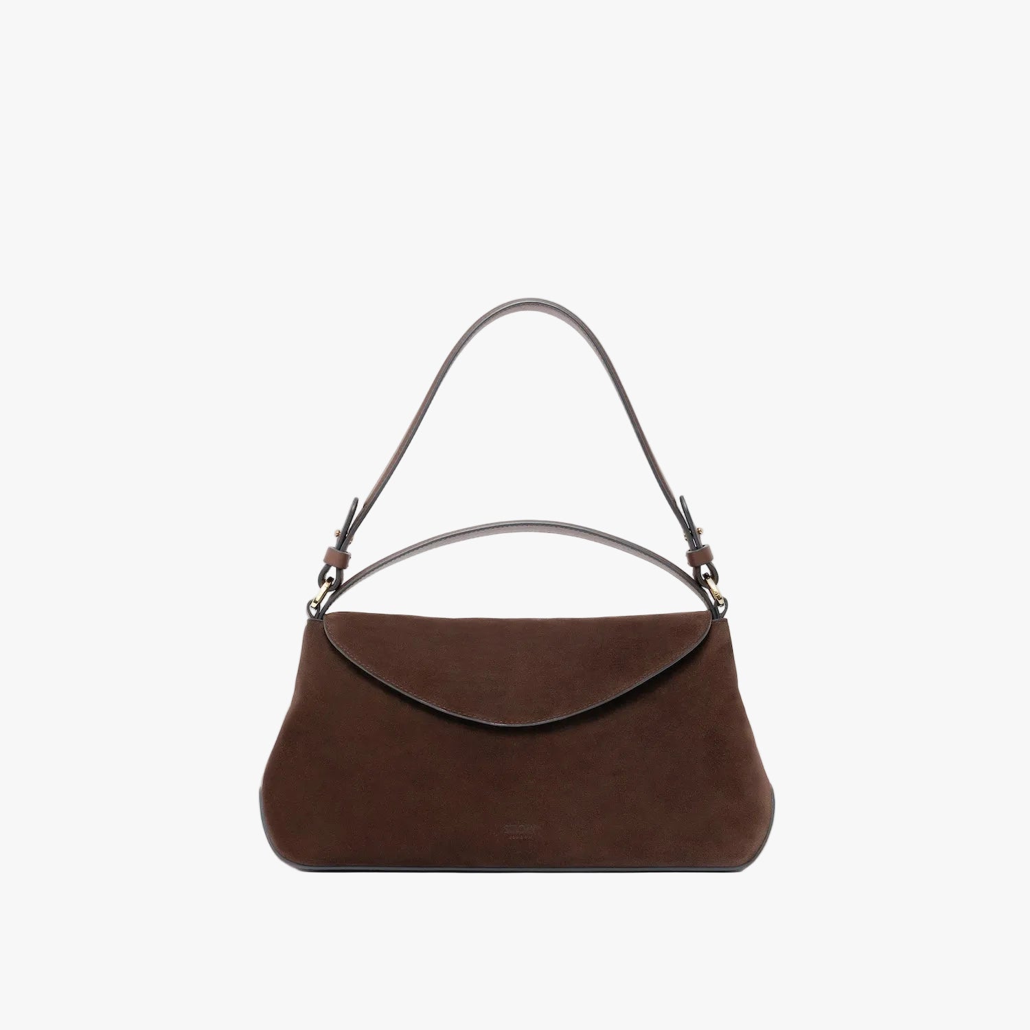 STOW London's East West in Chocolate suede leather on a light grey background featuring the detachable shoulder strap and top handle with gold hardware