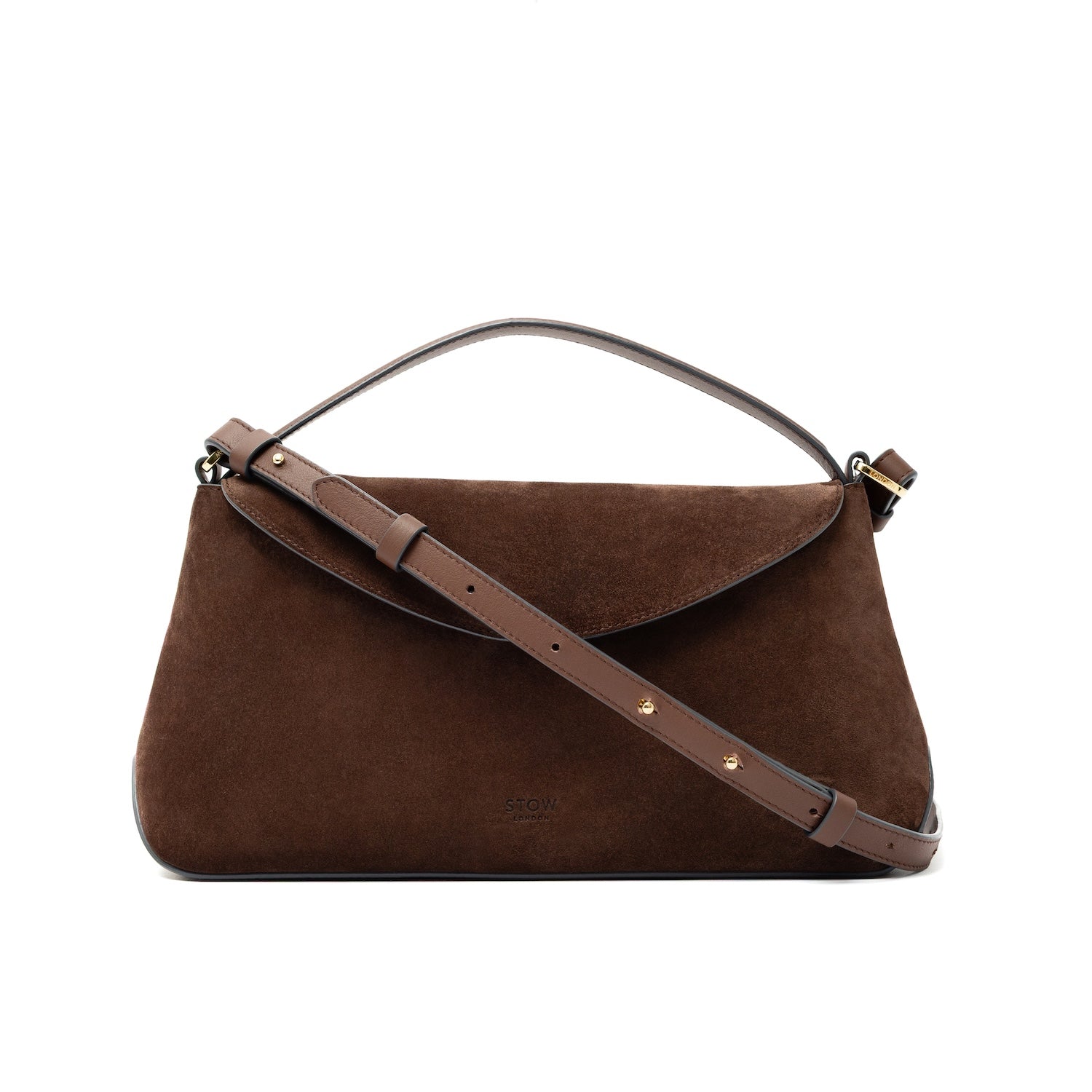 STOW London's East West bag and detachable, adjustable crossbody strap in Chocolate Suede leather featuring gold-coated stainless steel hardware on a white background
